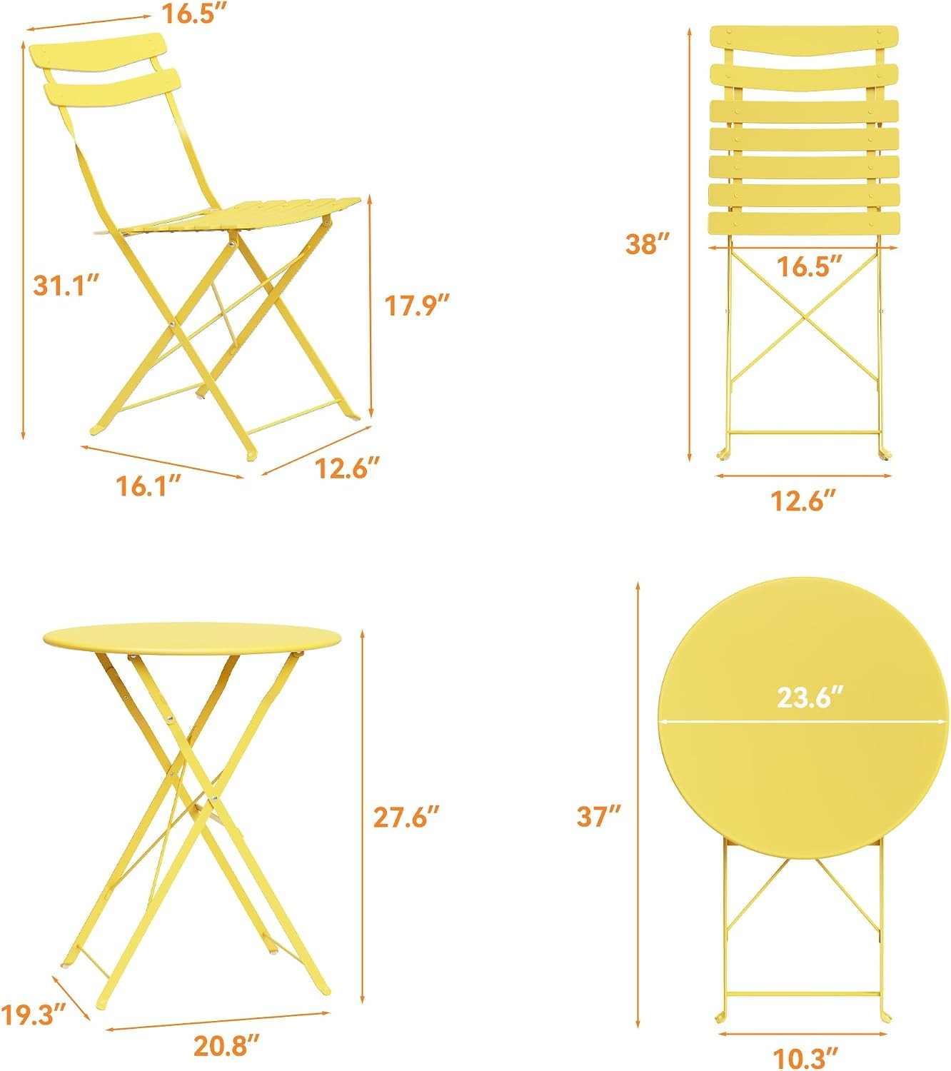 3-Piece Patio Bistro Set – Metal Frame Folding Patio Furniture, Outdoor/Indoor