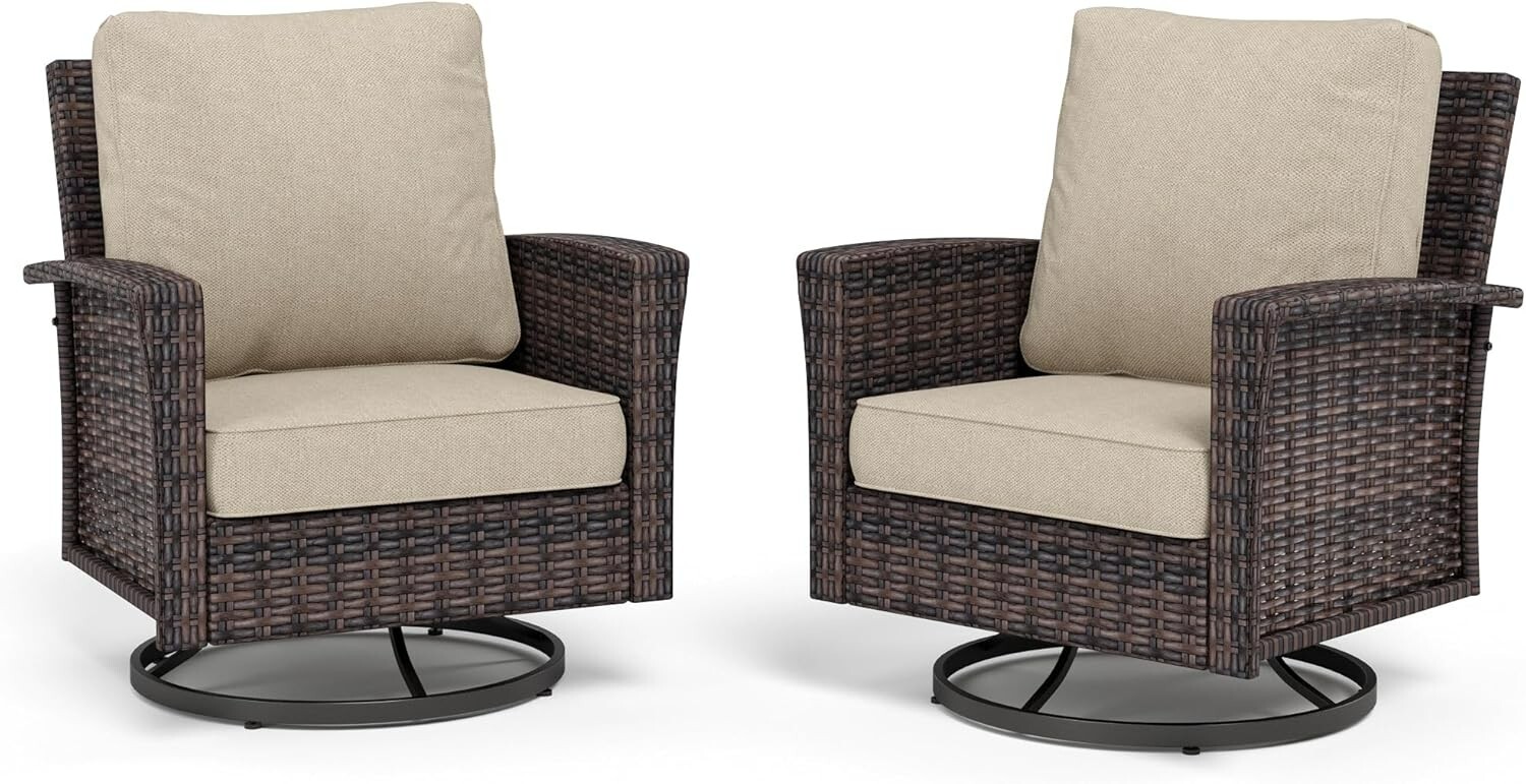 Outdoor Swivel Chair Set of 2 High Back Patio Wicker Chair w/ 5.5″ Thick Cushion
