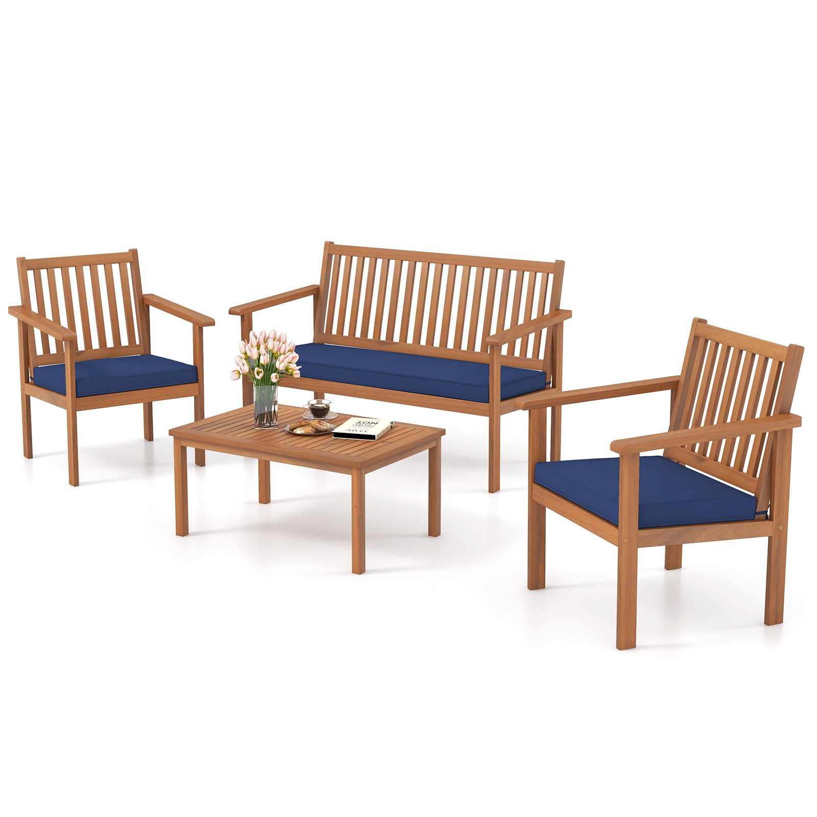 4 Piece Patio Wood Furniture Set w/ Loveseat, 2 Chairs & Coffee Table for Porch