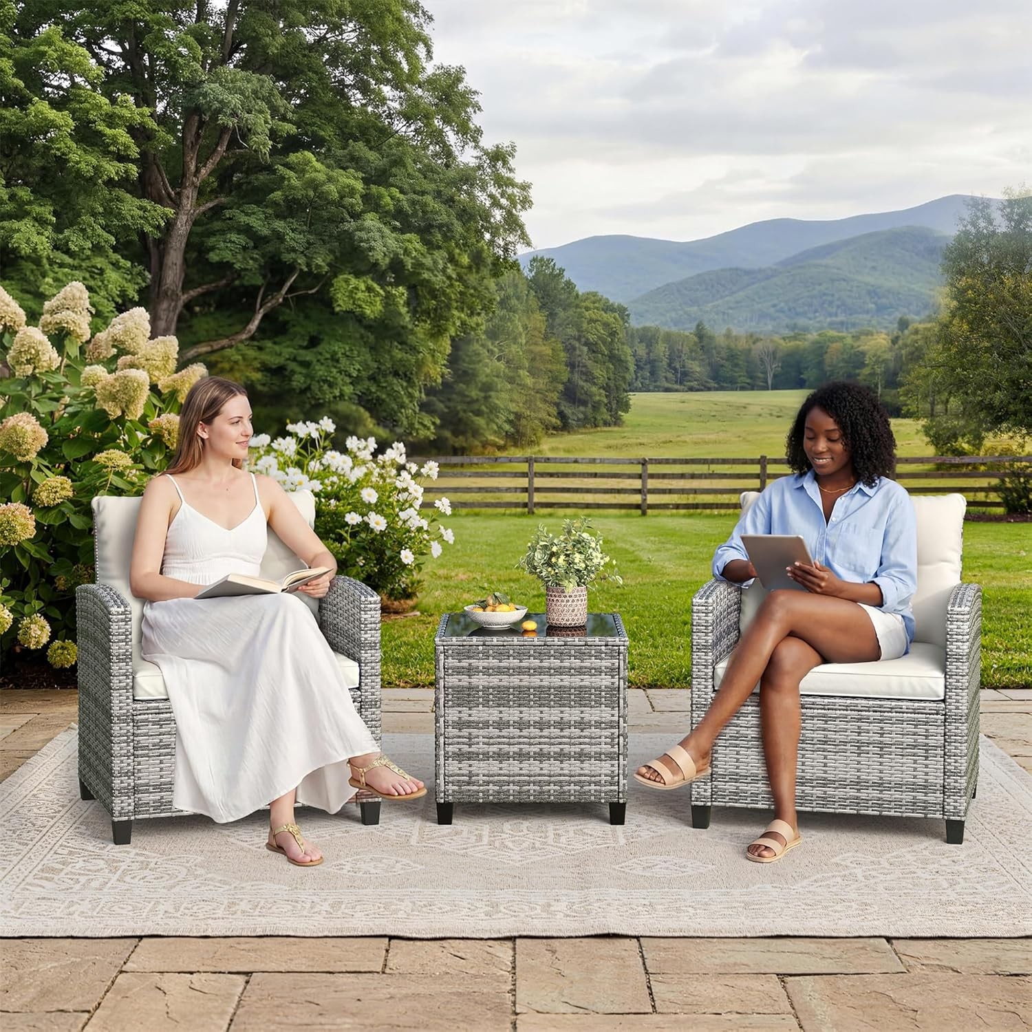 3 PCS Patio Furniture Set Outdoor Paded Rattan Wicker Sofa Chair w/ Coffee Table