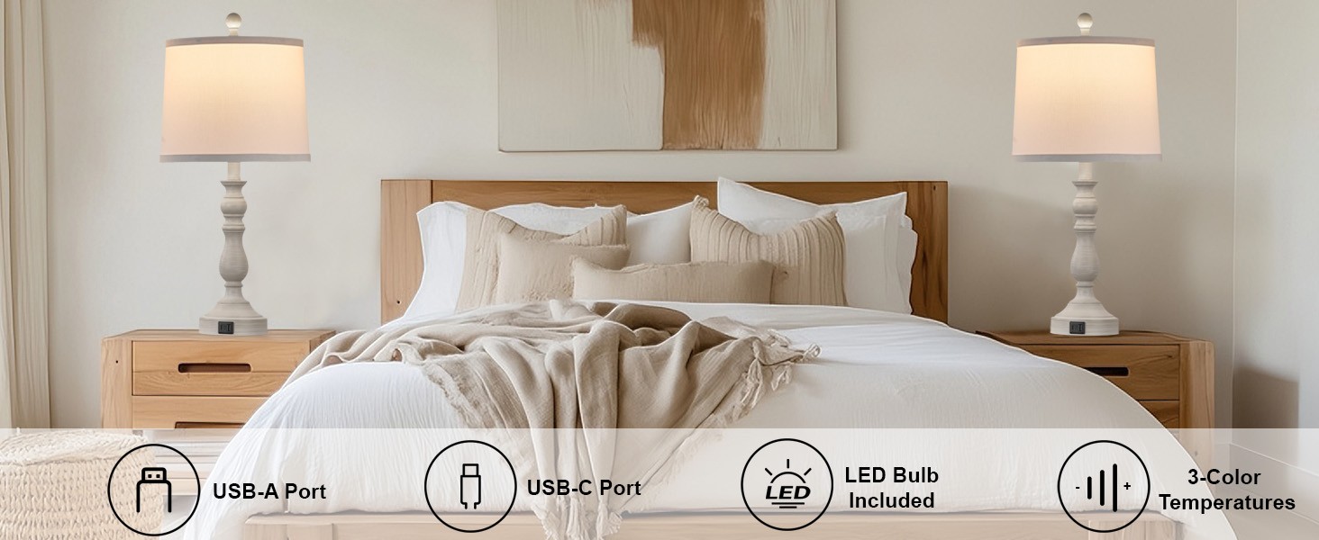 23” Farmhouse Table Lps for Living Room Set of 2 with USB C+A Ports,