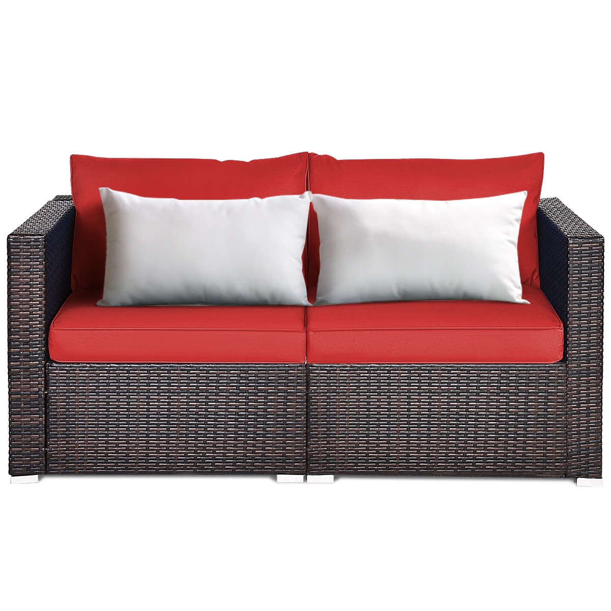 Patiojoy 4PCS Patio Rattan Sofa Set w/ Hand-Woven Rattan & Four Cushions Red
