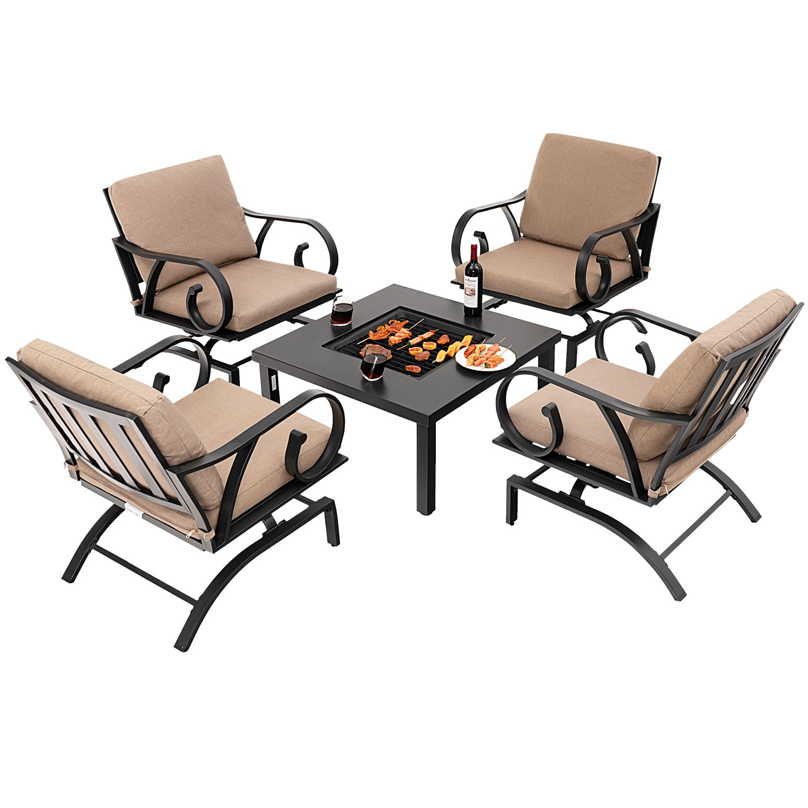 Patio 5pcs Rocking Chairs 4-in-1 Fire Pit Table Heavy-Duty Conversation Outdoor