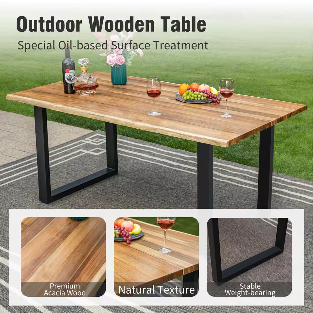 Brown Acacia Wood Patio Dining Table with Sleek U-Shaped Legs