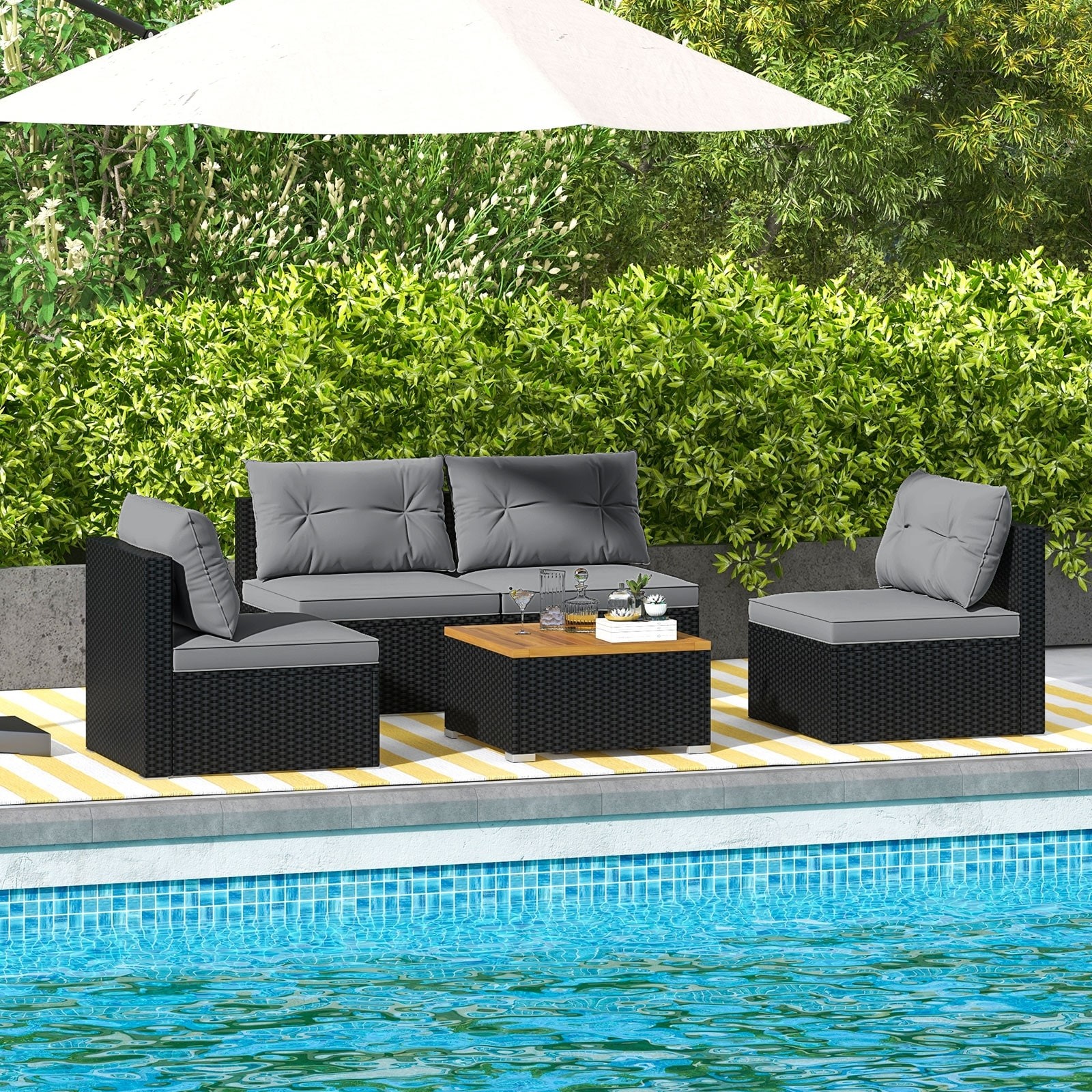 Gymax Set Of 5 Outdoor Furniture Set w/ Seat and Back Cushions Acacia
