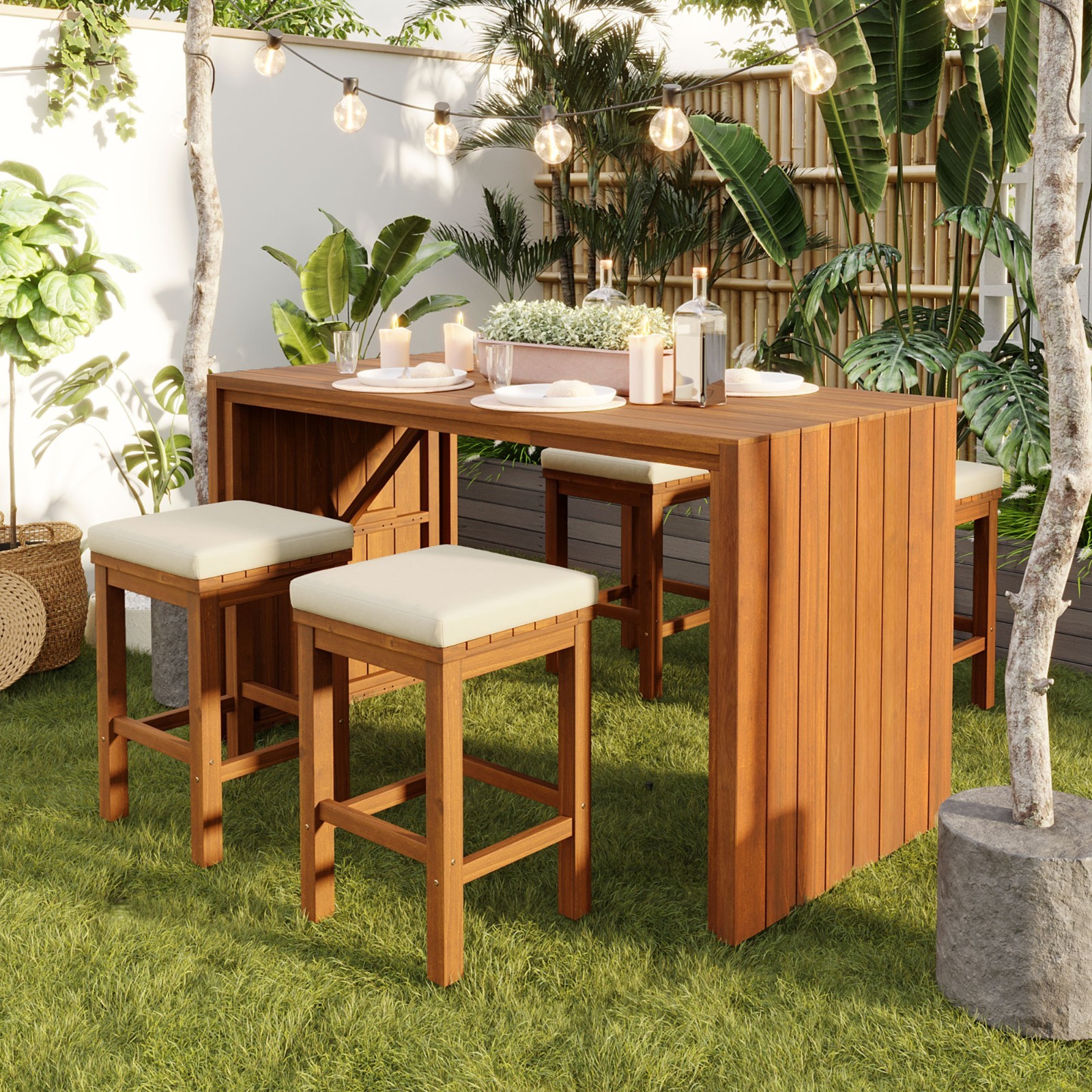 5 Piece Outdoor Bar Set Patio Furniture Acacia Wood Bar Height Table & 4 Stools