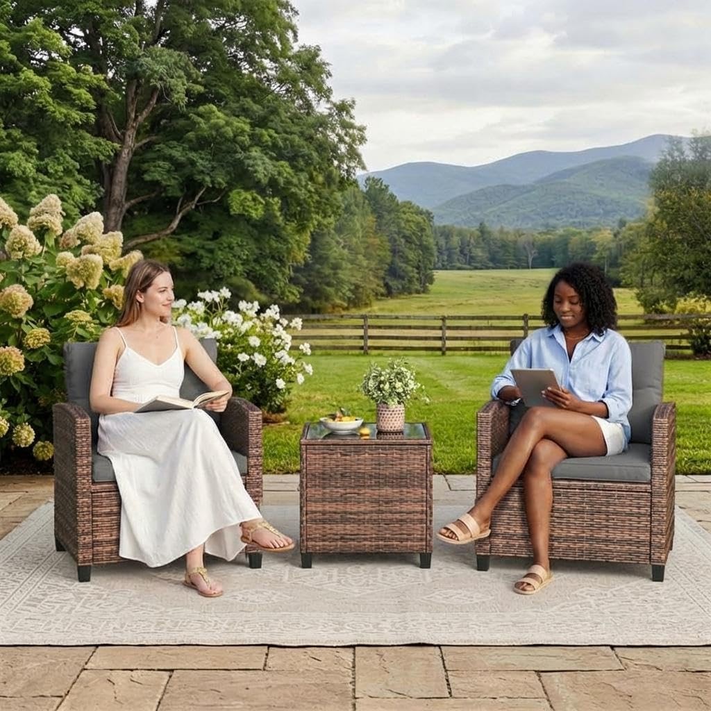 3 PCS Patio Furniture Set Outdoor Paded Rattan Wicker Sofa Chair w/ Coffee Table
