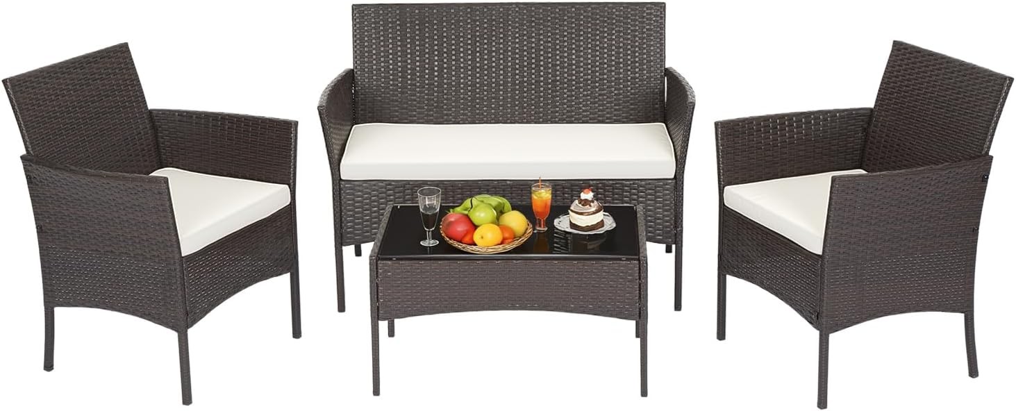 4-Piece Patio Furniture Set | Brown | Outdoor Wicker Furniture with Coffee Table