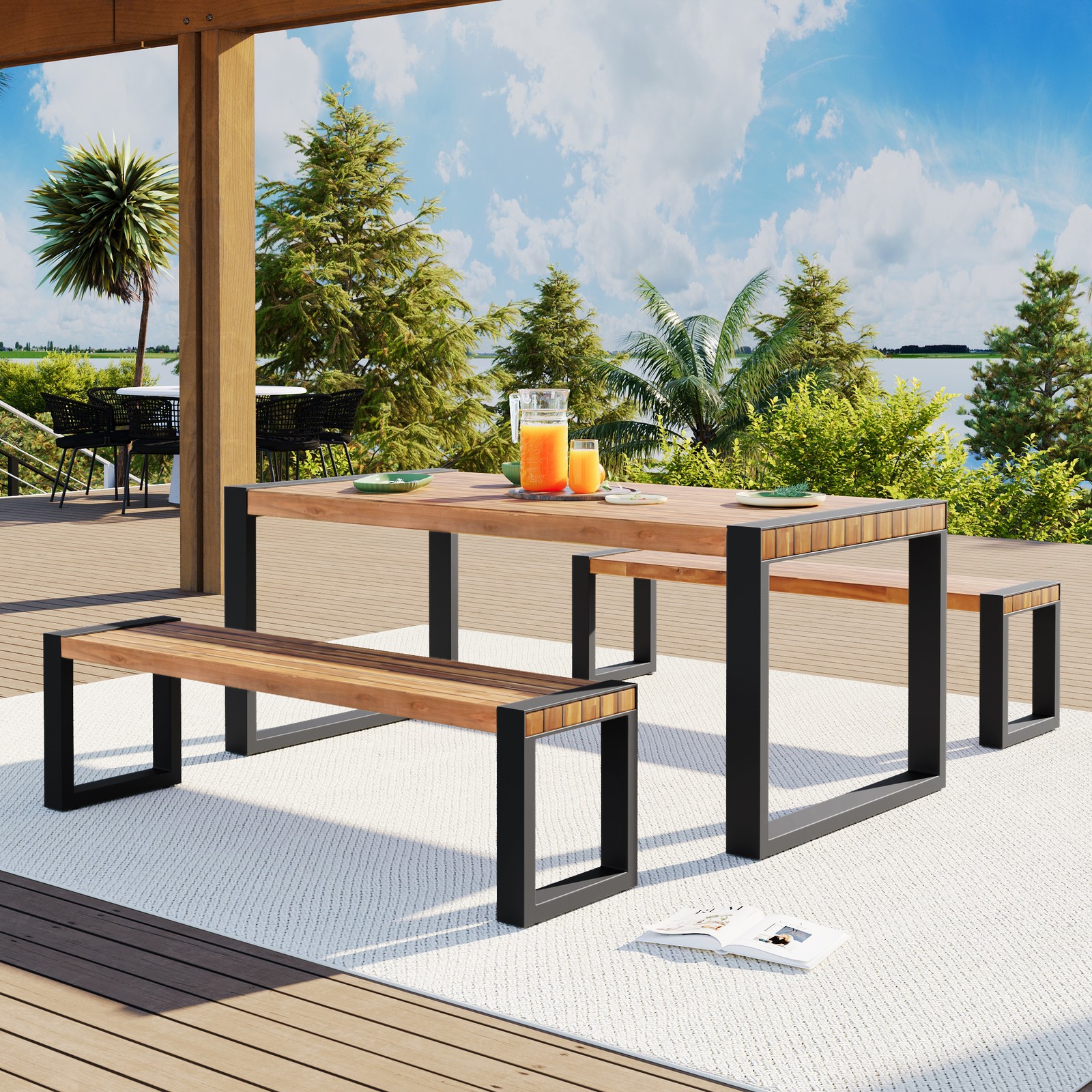3-Piece Outdoor Dining Table Set with 2 Benches, Acacia Wood Top & Steel Frame