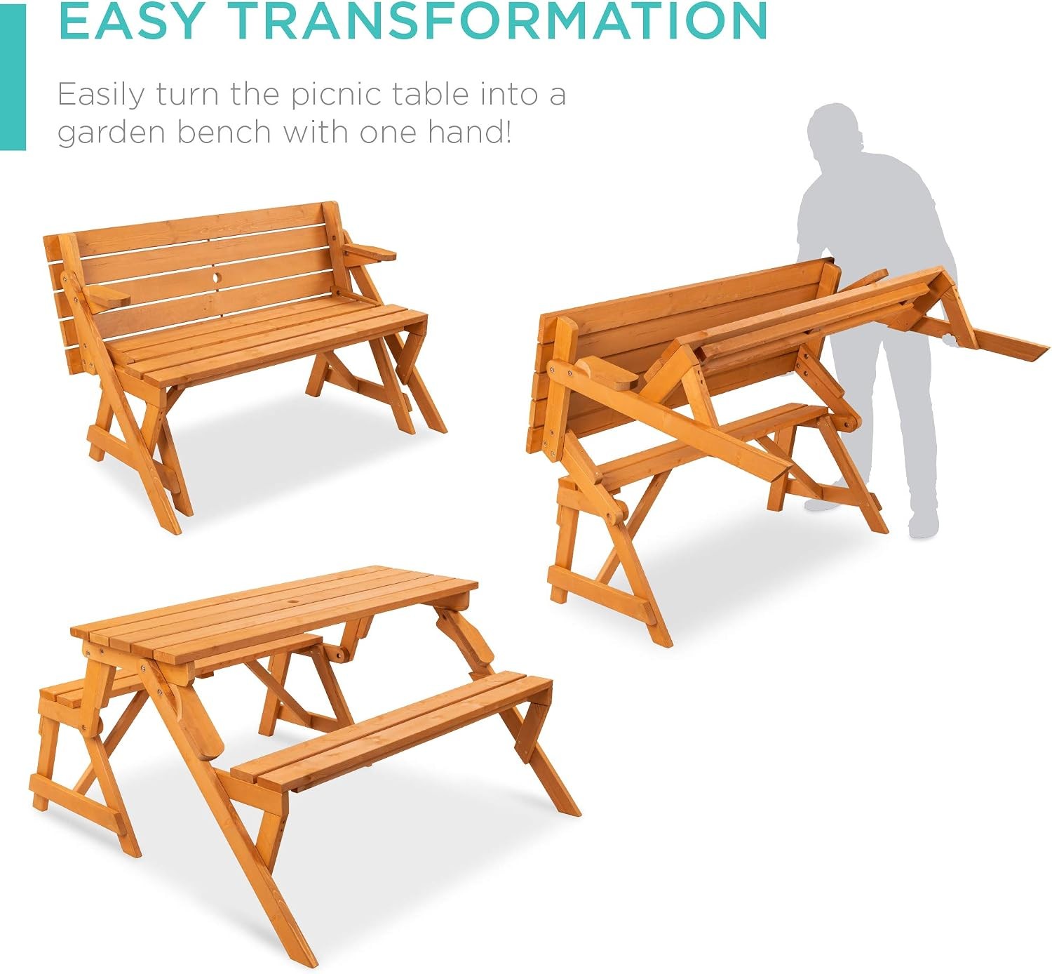 2-in-1 Transforming Interchangeable Outdoor Wooden Picnic Table Garden Bench
