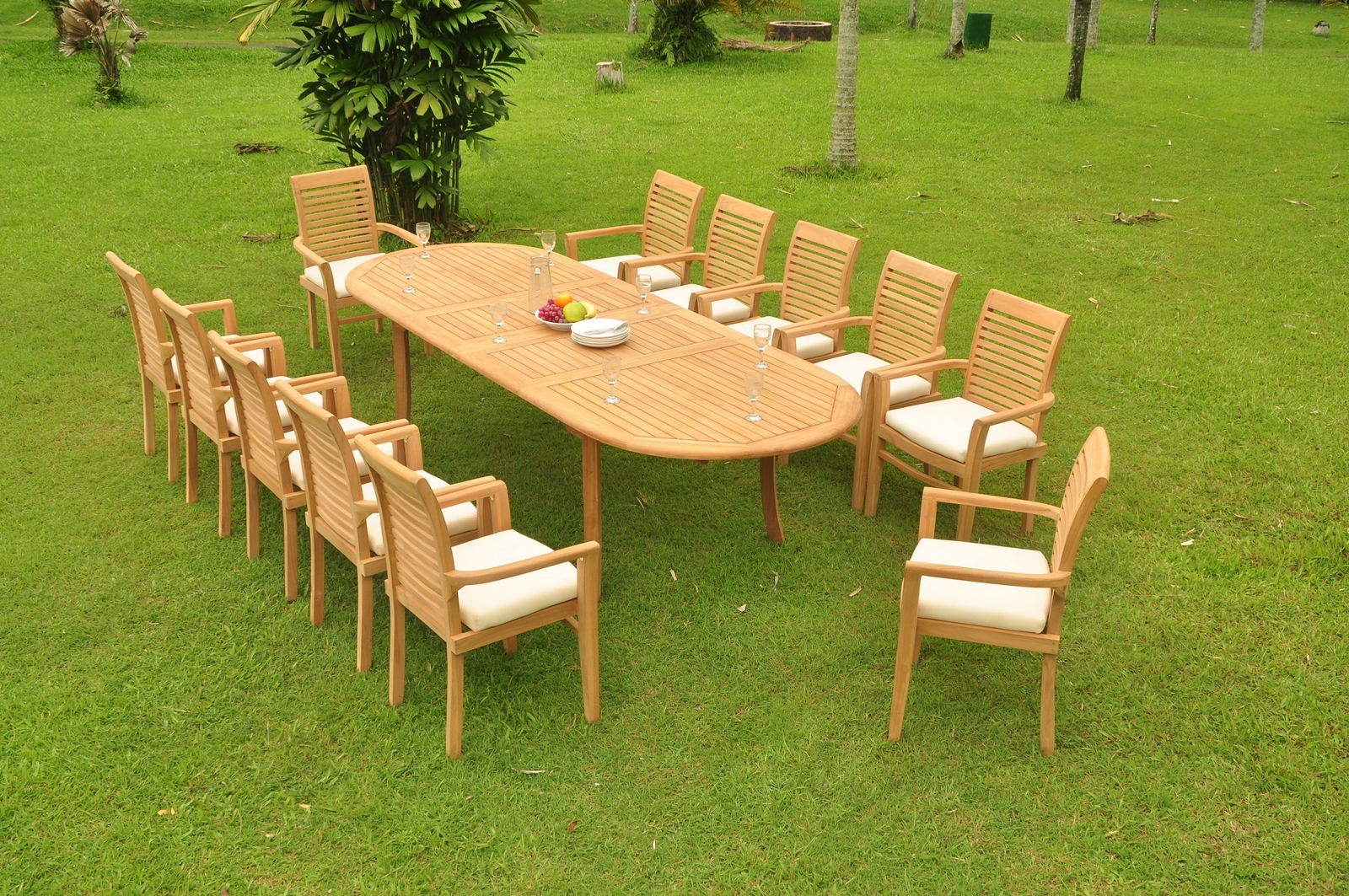A-Grade Teak 13pc Dining 118″ Oval Table 12 Mas Stacking Arm Chair Set Outdoor