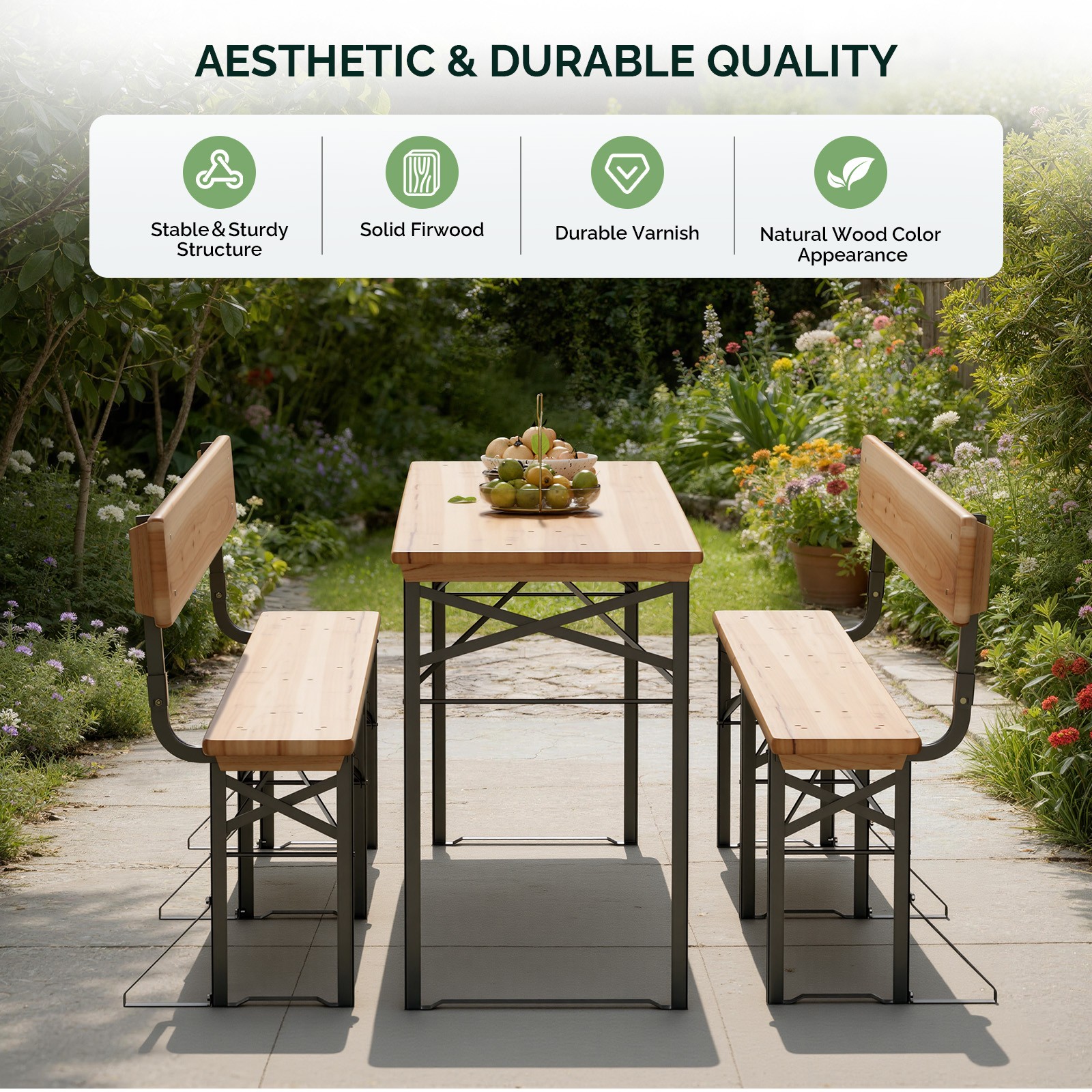 Wooden Picnic Dining Set Table Beer Bench Folding with Backrest for Garden Party