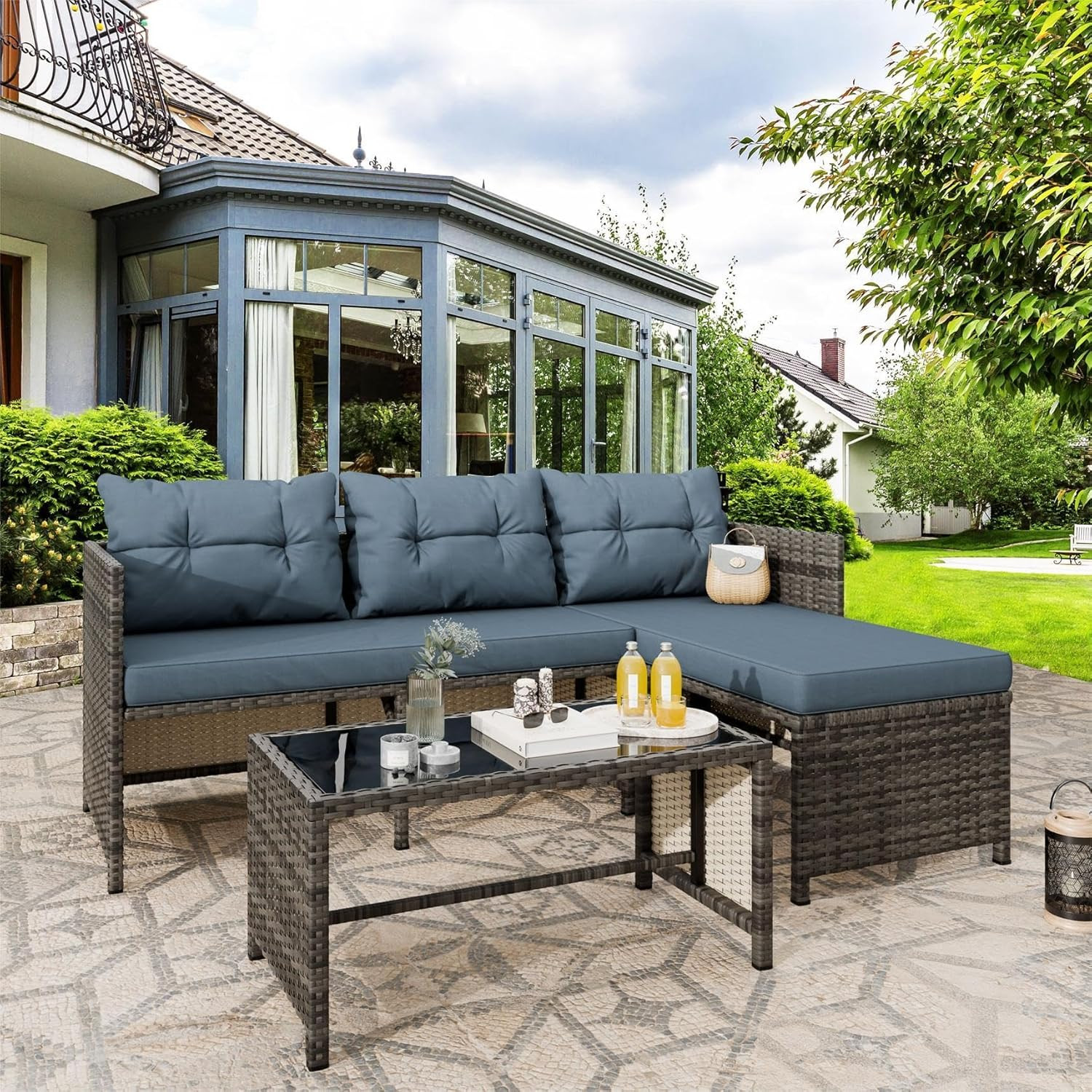 3 Pieces Patio Furniture Sets, All-Weather Wicker Outdoor Sofa Couch Sectional S