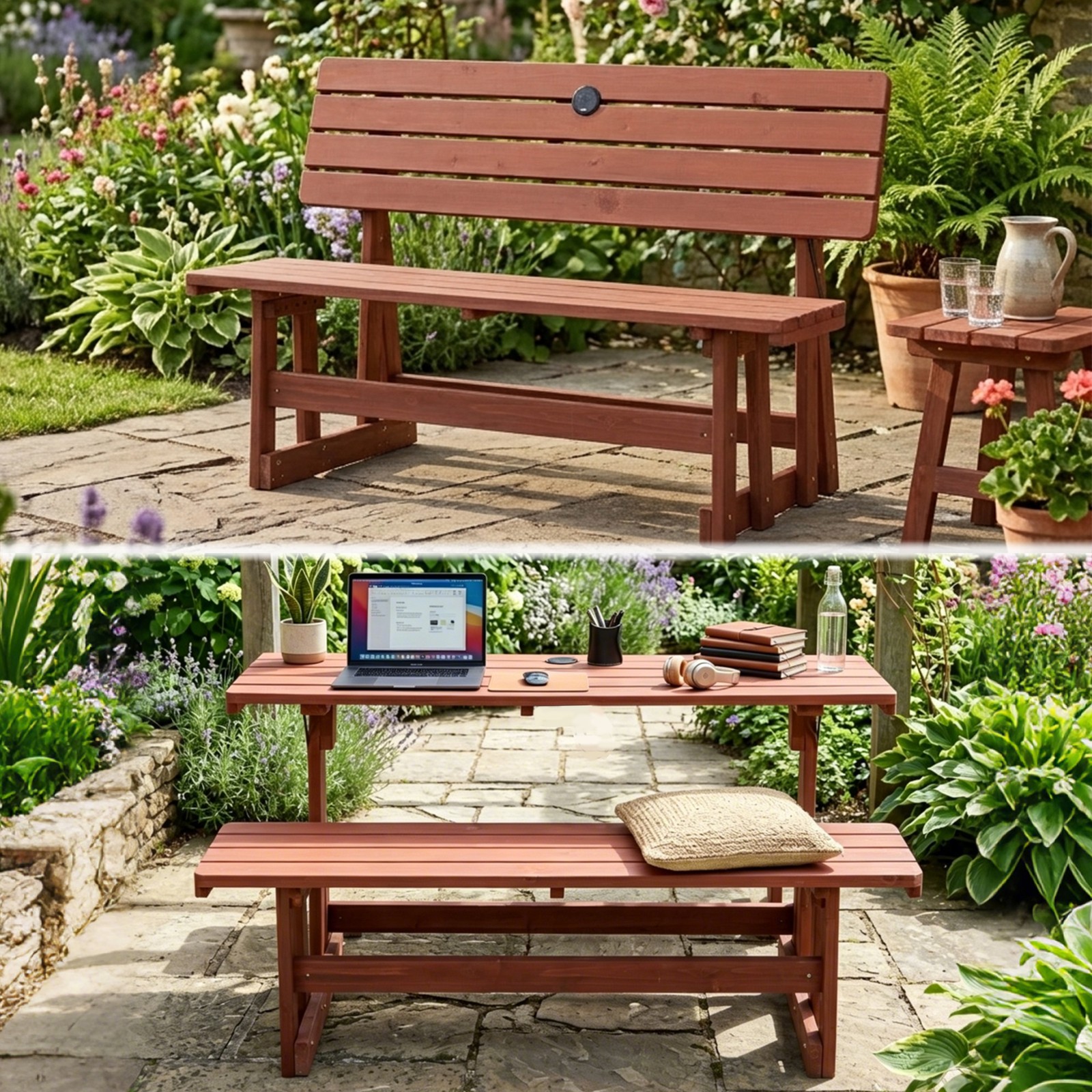 2-in-1 Convertible Bench Picnic Table, Outdoor Folding Set, Solid Wood