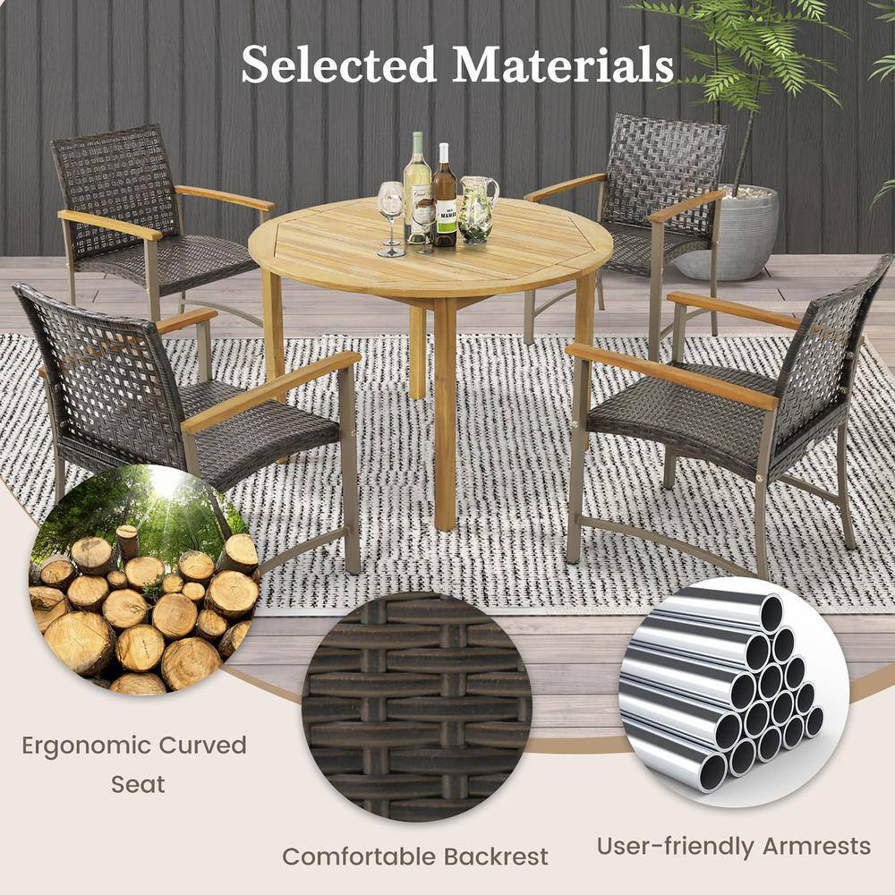 Outdoor Rattan Chair Set of 4 Patio PE Wicker Dining Chairs W/Acacia Wood Armres