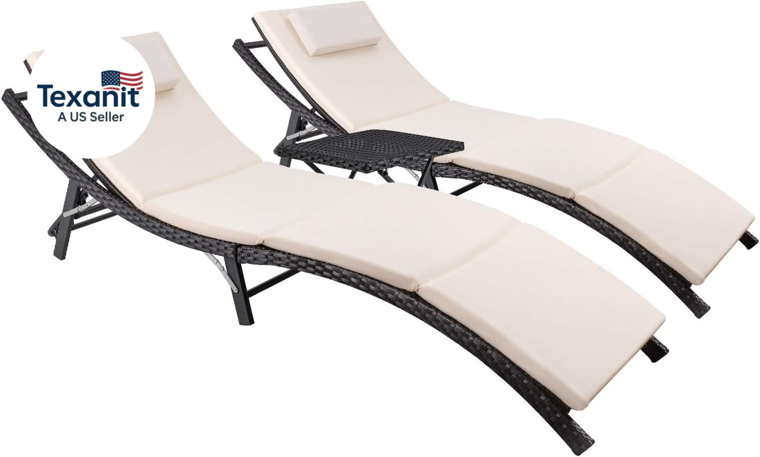 Patio Chaise Lounge Sets Outdoor Rattan Adjustable Back 3 Pieces Cushioned Patio