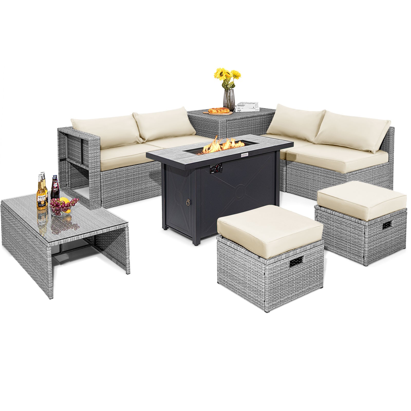9 Pcs Patio Furniture Set 42 In 60000 BTU Fire Pit White Wicker Sofa Sectional