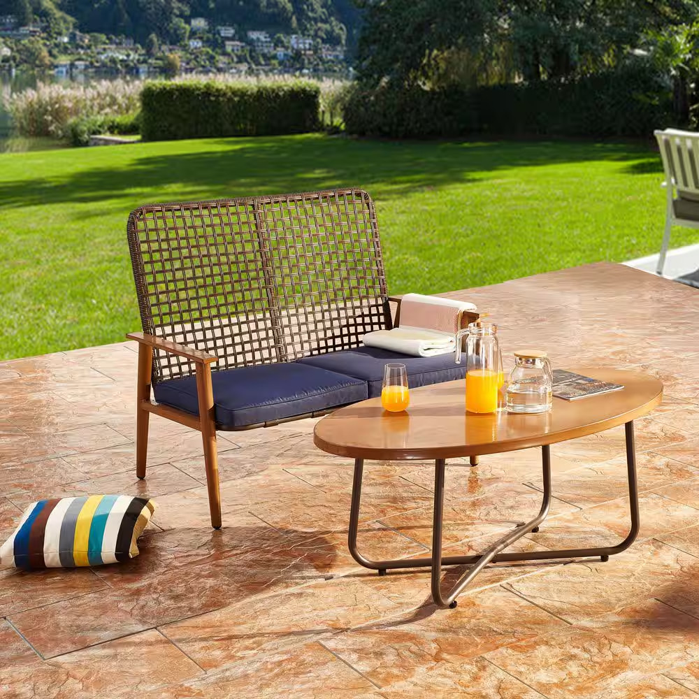 2-Piece PE Wicker Patio Conversation Set with Blue Cushions and Oval Coffee Tabl