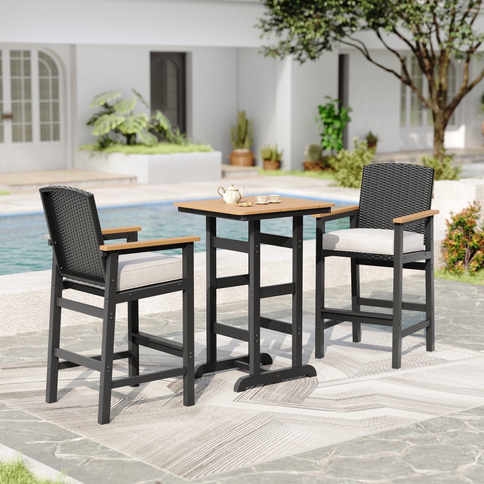 3 Piece Outdoor Bar Set Patio Bistro Set Bar Height Table Chair with Cushion