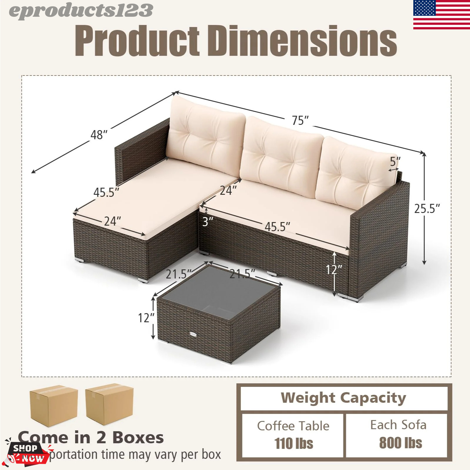 Rattan Outdoor Sectional Sofa Set L Shaped Patio Furniture w/ Glass Coffee Table