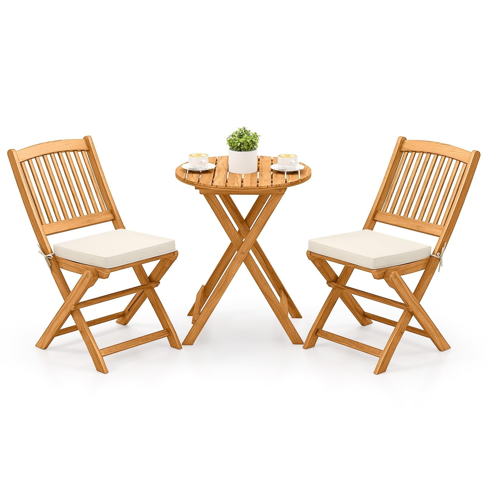3 Pieces Acacia Wood Patio Folding Bistro Set, Outdoor Table and Chairs Set w…