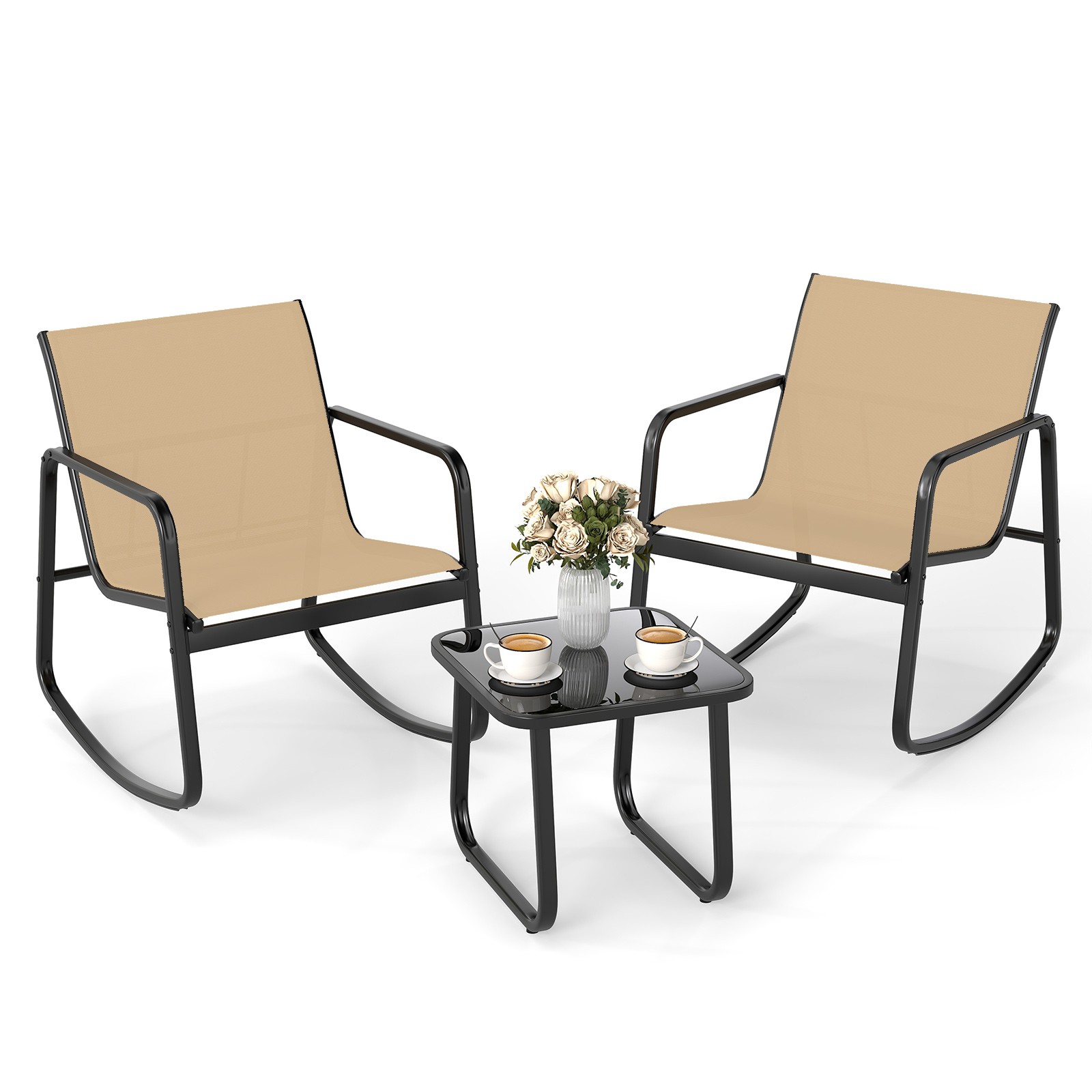 3 Piece Patio Rocking Set 2 Rocking Bistro Chairs & Glass-Top Table for Porch