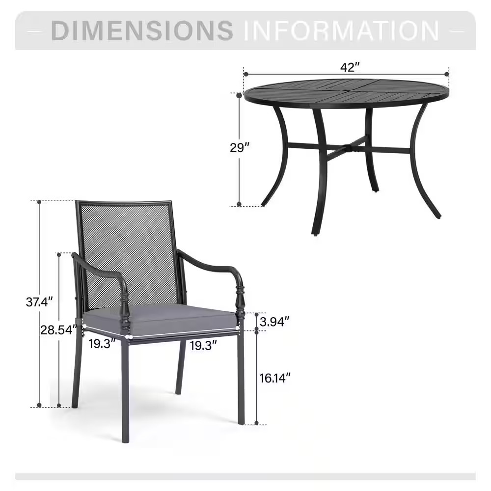 Black 5-Piece Metal Patio Outdoor Dining Sets with Stamped round Table and Gourd