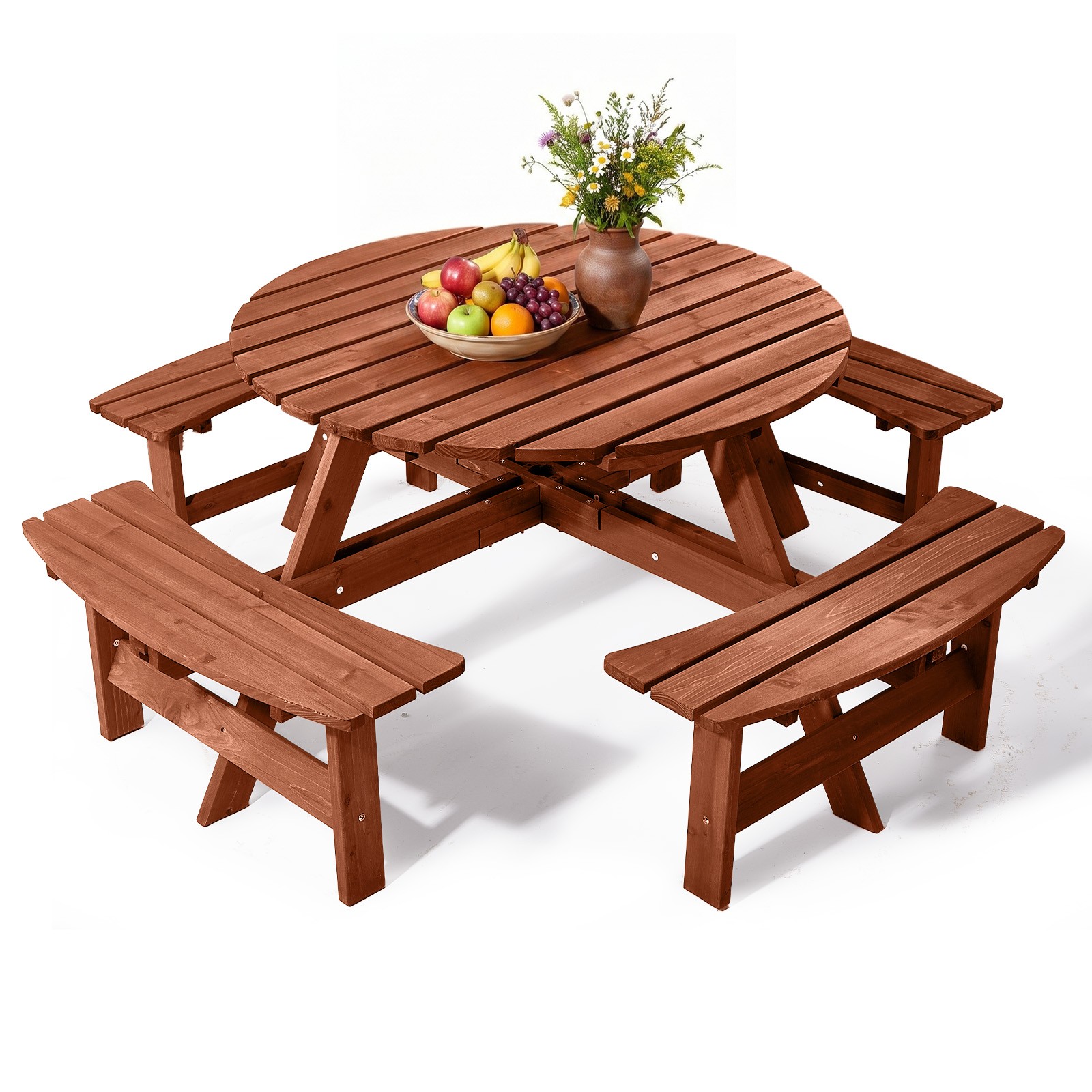 8-Person Wooden Picnic Table Set with 4 Benches, Umbrella Hole for In/Outdoor