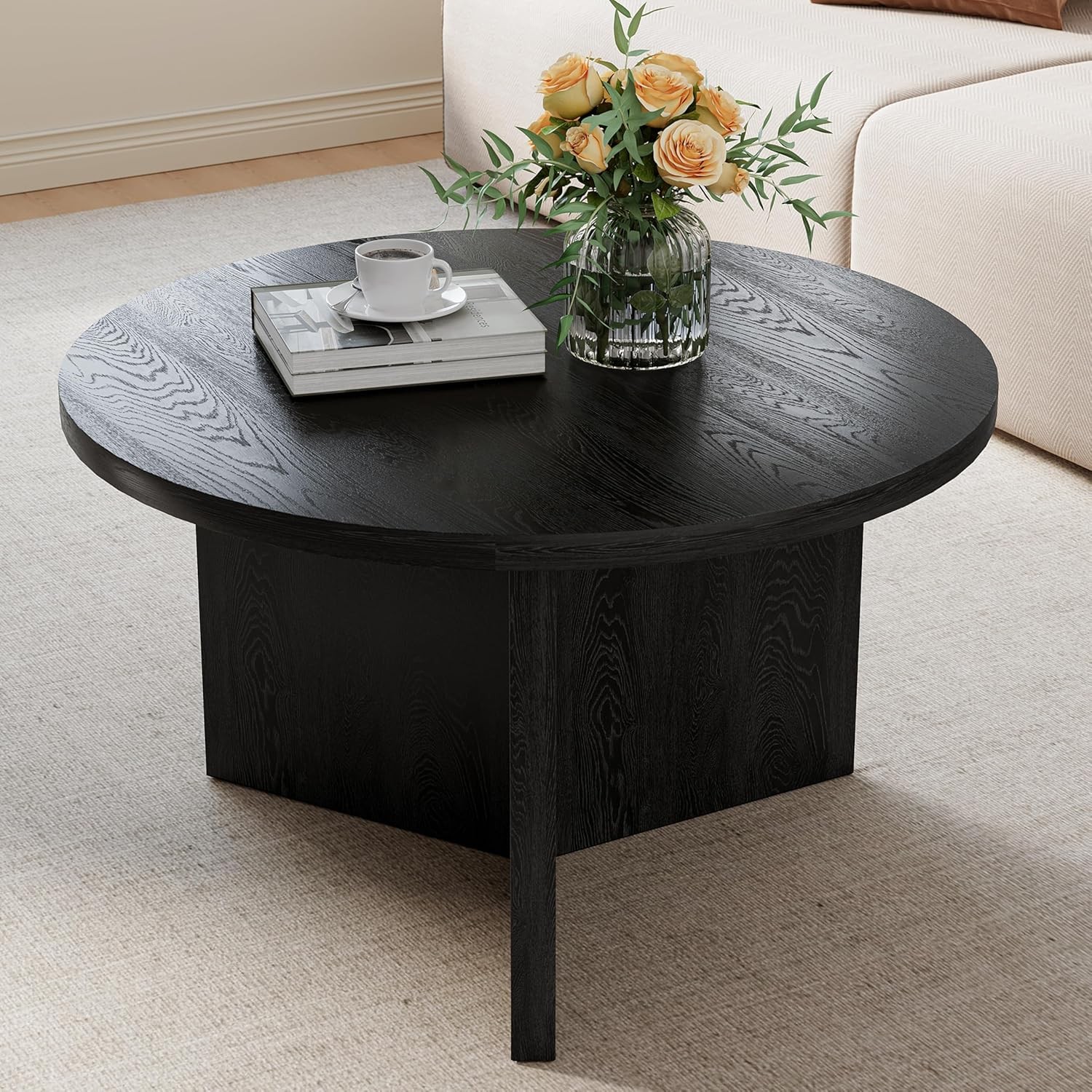 27.5″ Round Bla Coffee Table, Modern Wood Grain Center Table