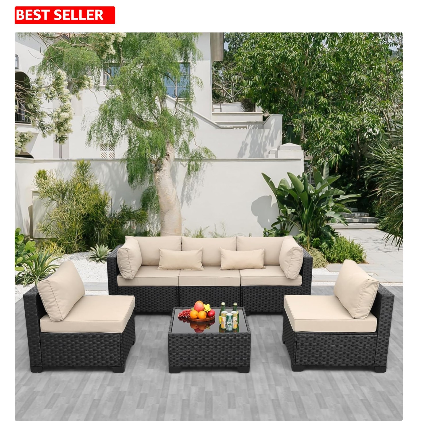 Durable 6-Piece Patio Sectional with Waterproof Cover & Elegant Glass Top Table