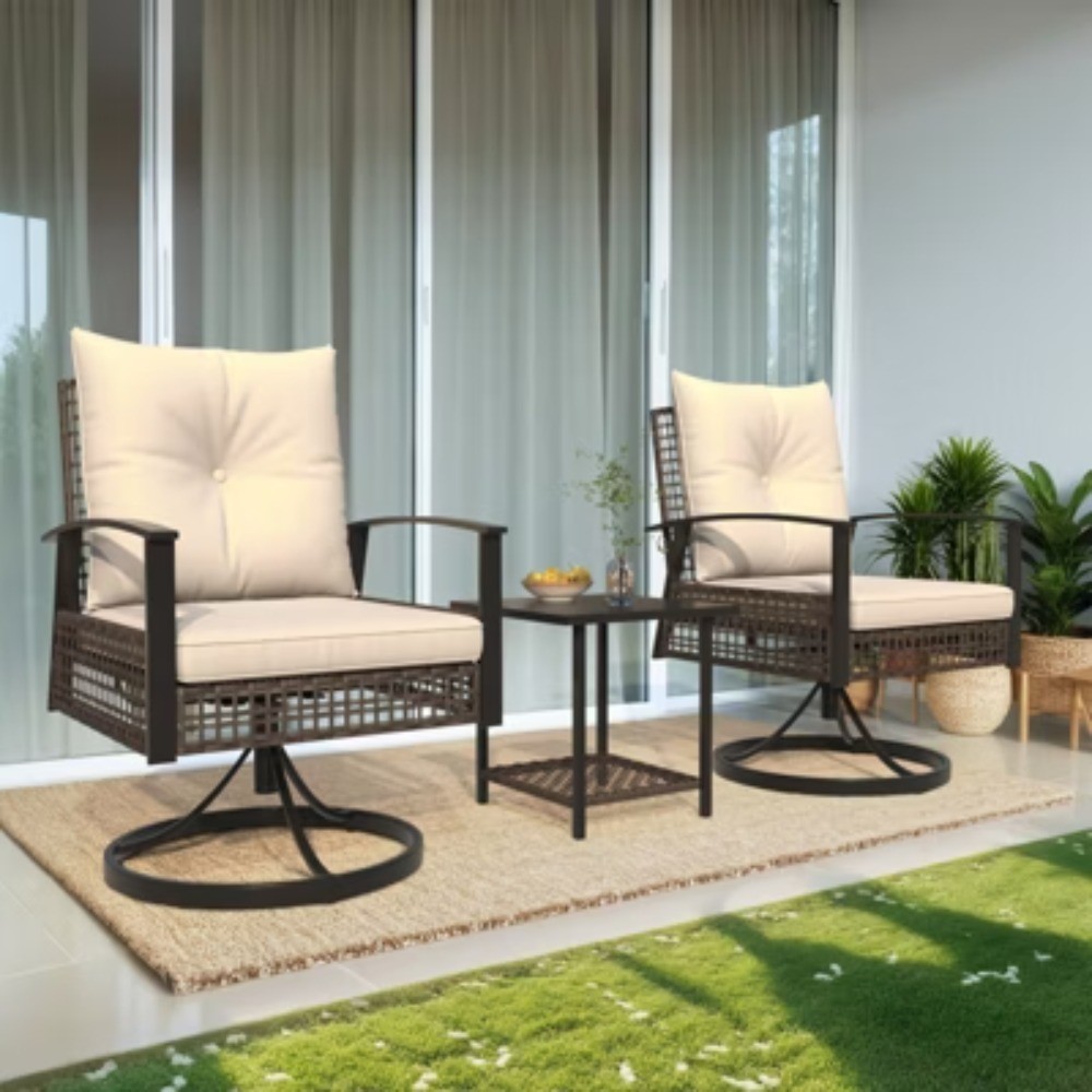 HOMMOW 3-PC Patio Bistro Set, Outdoor Swivel Rocker Rattan Chairs & Side Table