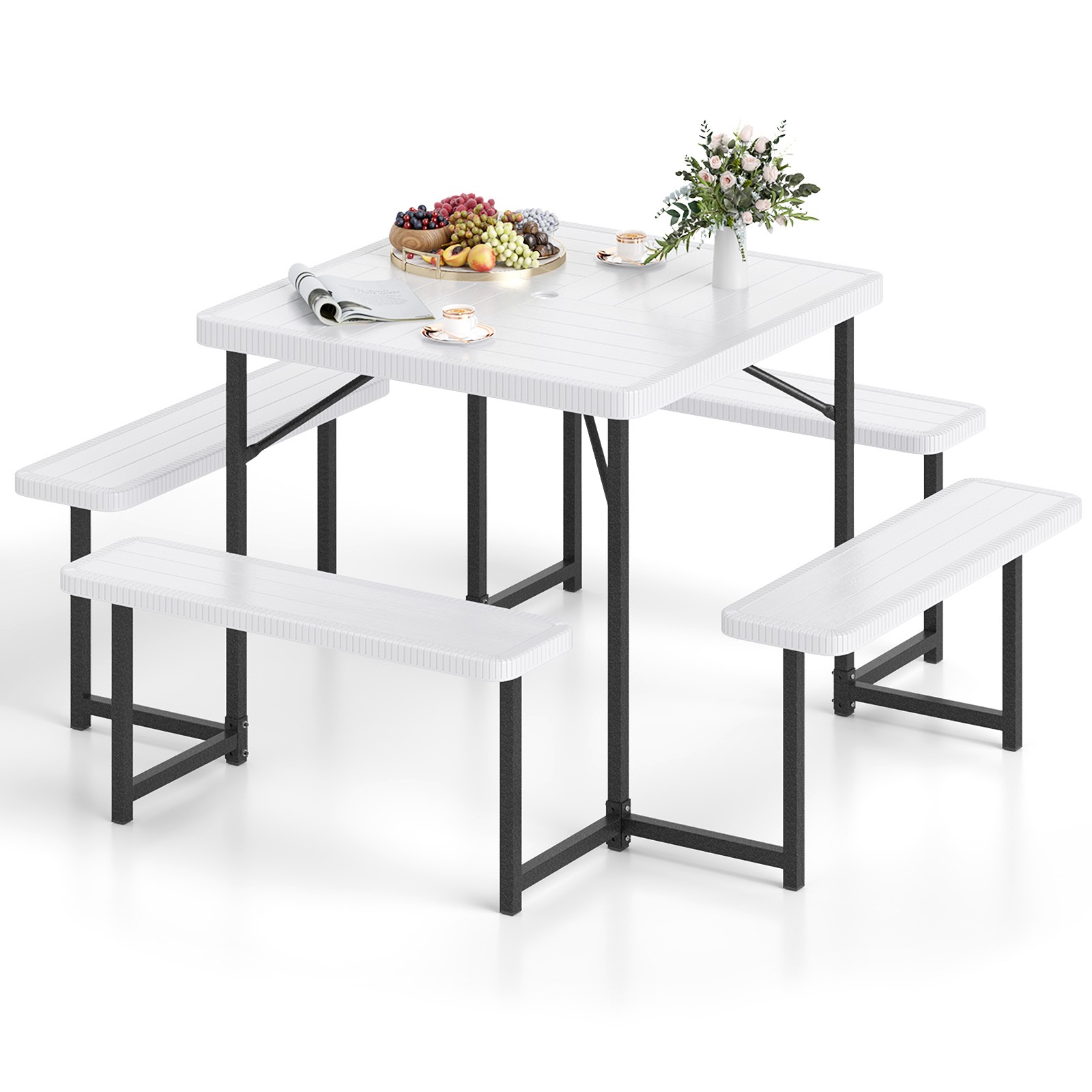 Outdoor Square Picnic Table Bench Set for 4-8 People Umbrella Hole WHT