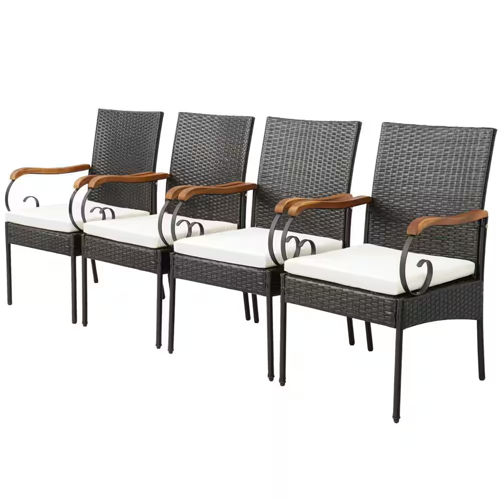 Set of 4 Outdoor PE Wicker Acacia Wood Chairs Armrests with Soft Zippered Cushio