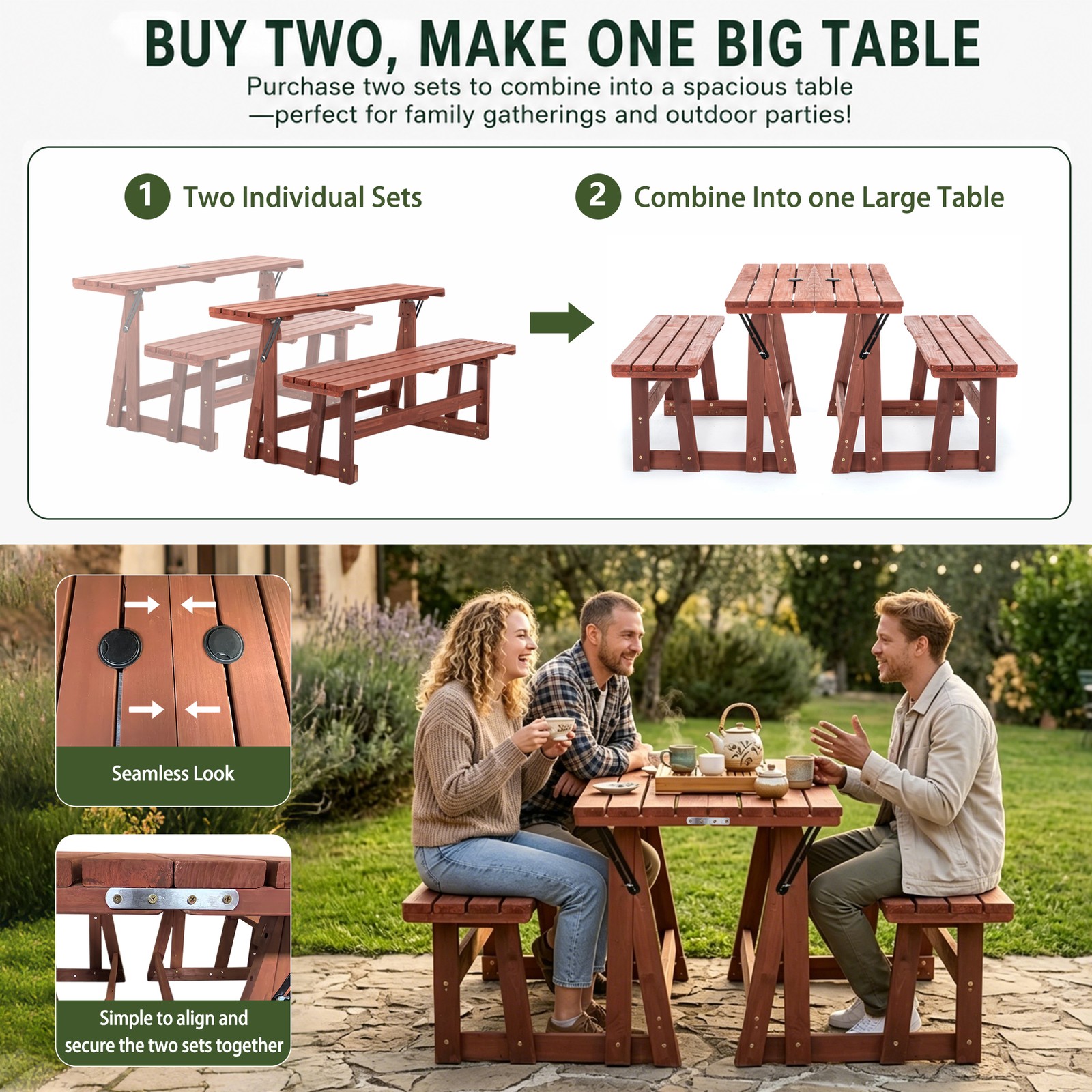 2-in-1 Convertible Bench Picnic Table, Outdoor Folding Set, Solid Wood