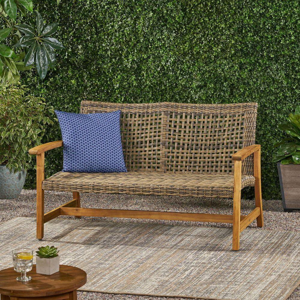 Sturdy and Durable Natural+Grey Acacia Wood and Wicker Outdoor Loveseat with Ass