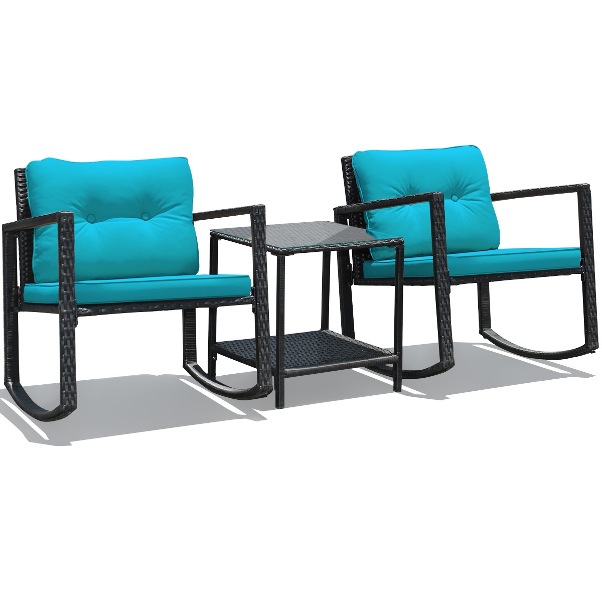 3PCS Patio Rattan Home Set Rocking Chairs Cushioned Sofa Blue Oudoor