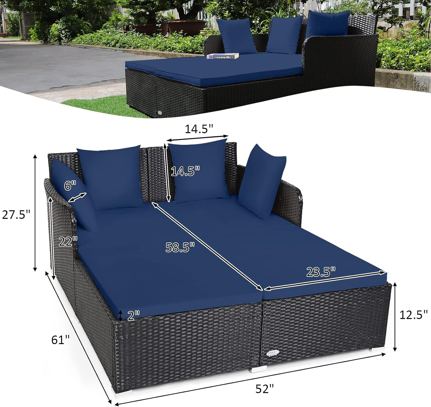 Outdoor Rattan Daybed, Sunbed Wicker Furniture W/Spacious Seat, Upholstered Cush