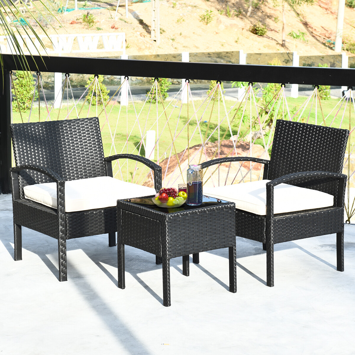 Patiojoy 3PCS Patio Rattan Furniture Set Conversation Sofa Coffee Table Backyard