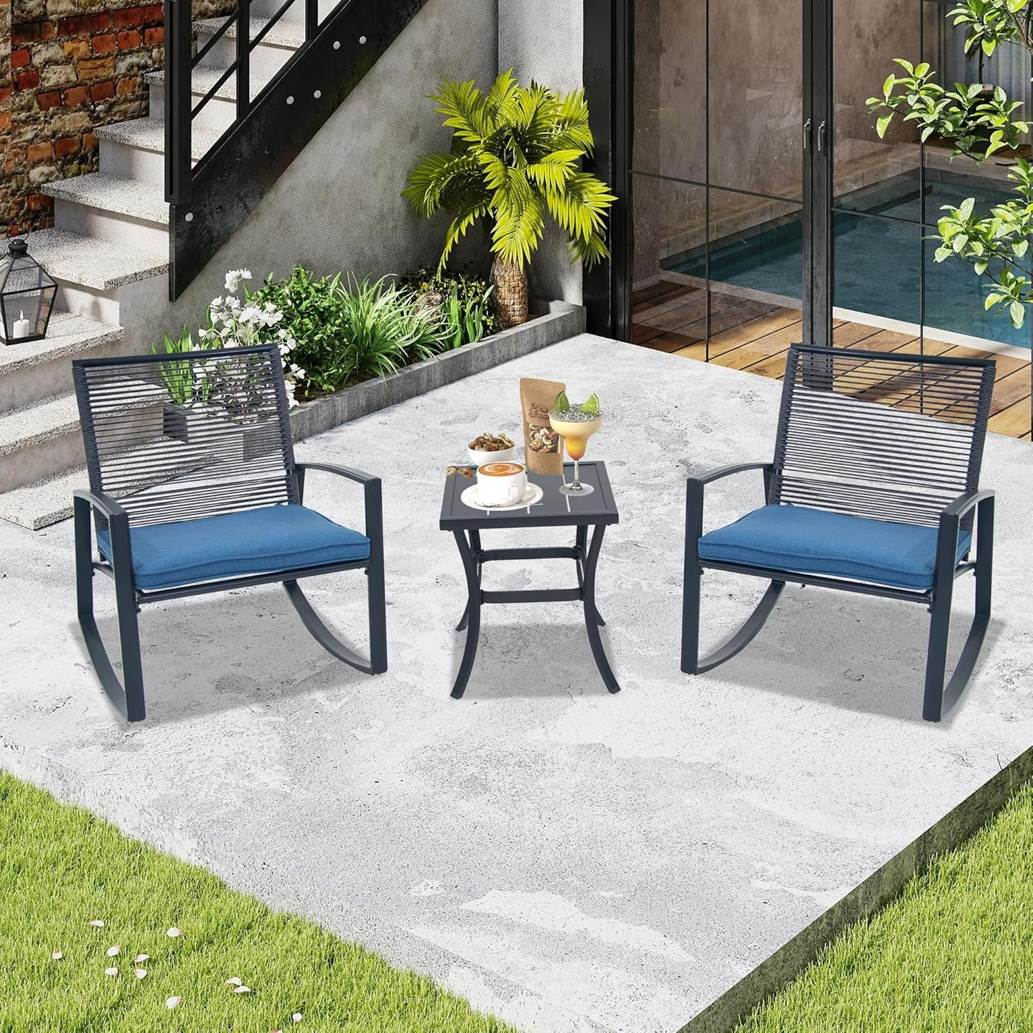 Domi 3-Piece Wicker Rocking Chair Set w/ Cushions & Table for Backyard,Blue