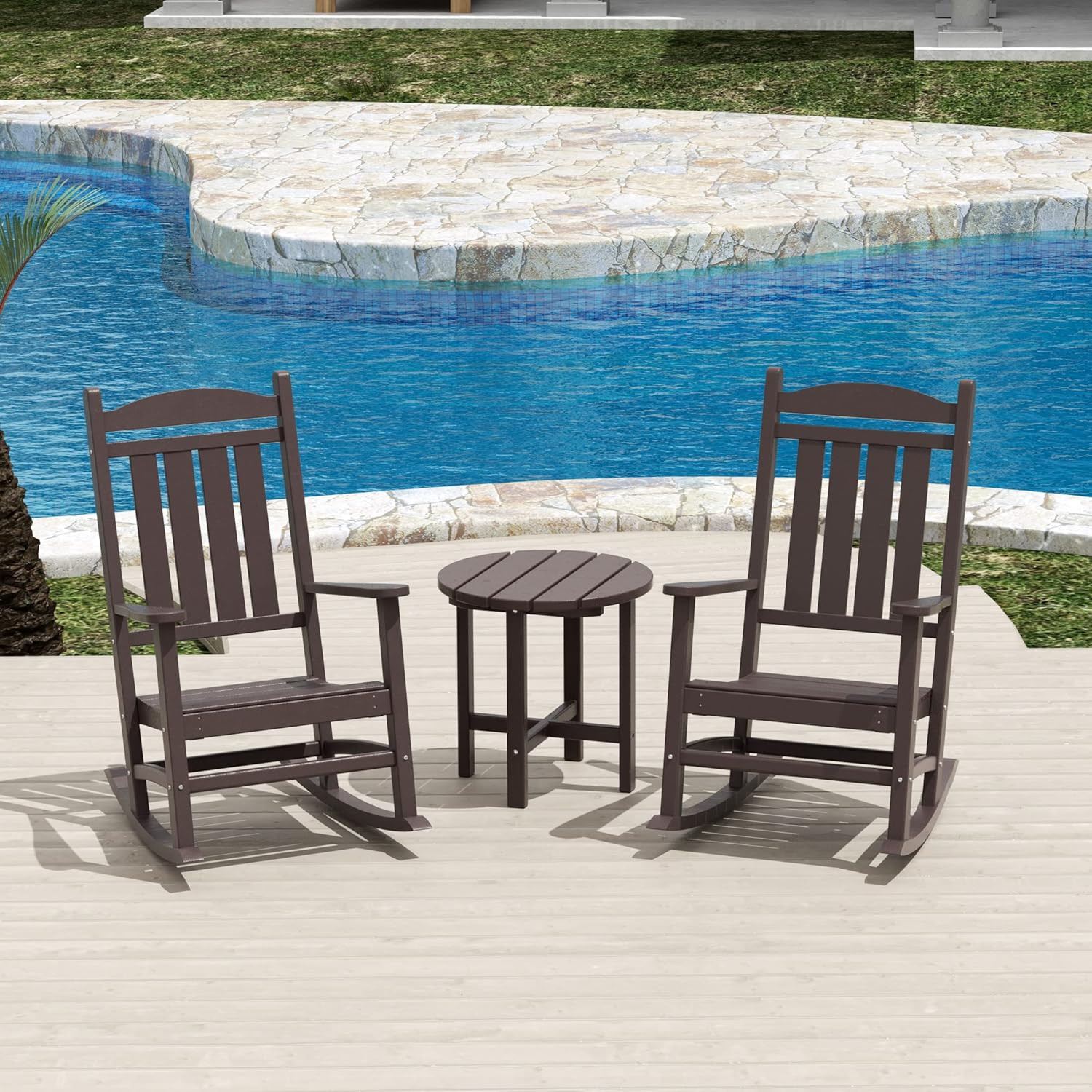 Malibu Malibu Outdoor Patio Porch Rocking Chair with Side Table Set, Dark Brown