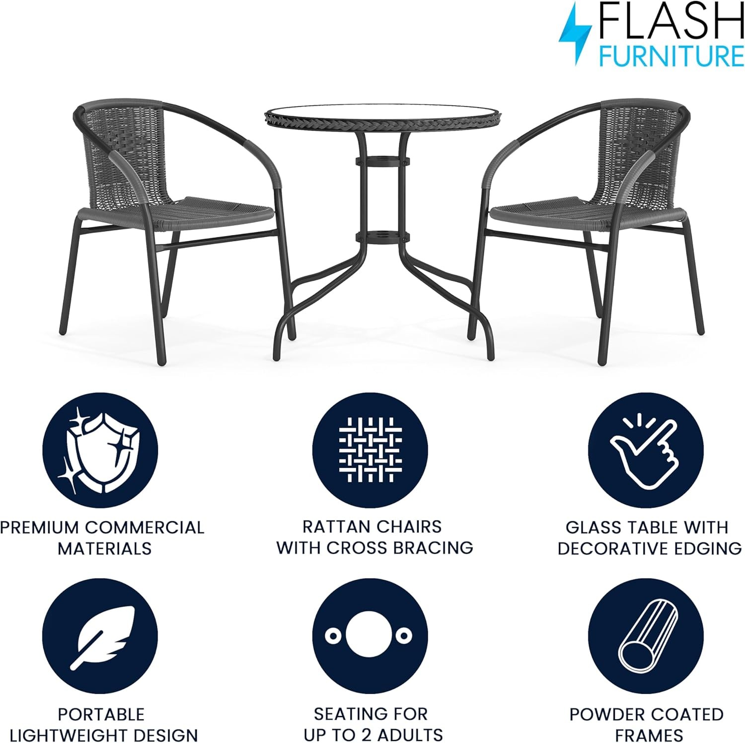 Flash Furniture 3-Piece Patio Dining Set with Round Glass Metal Table and chair