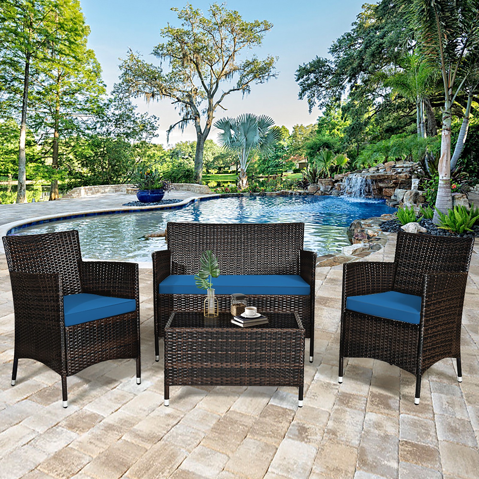 4PCS Patio Rattan Conversation Furniture Set Outdoor w/ Peacock Blue Cushion