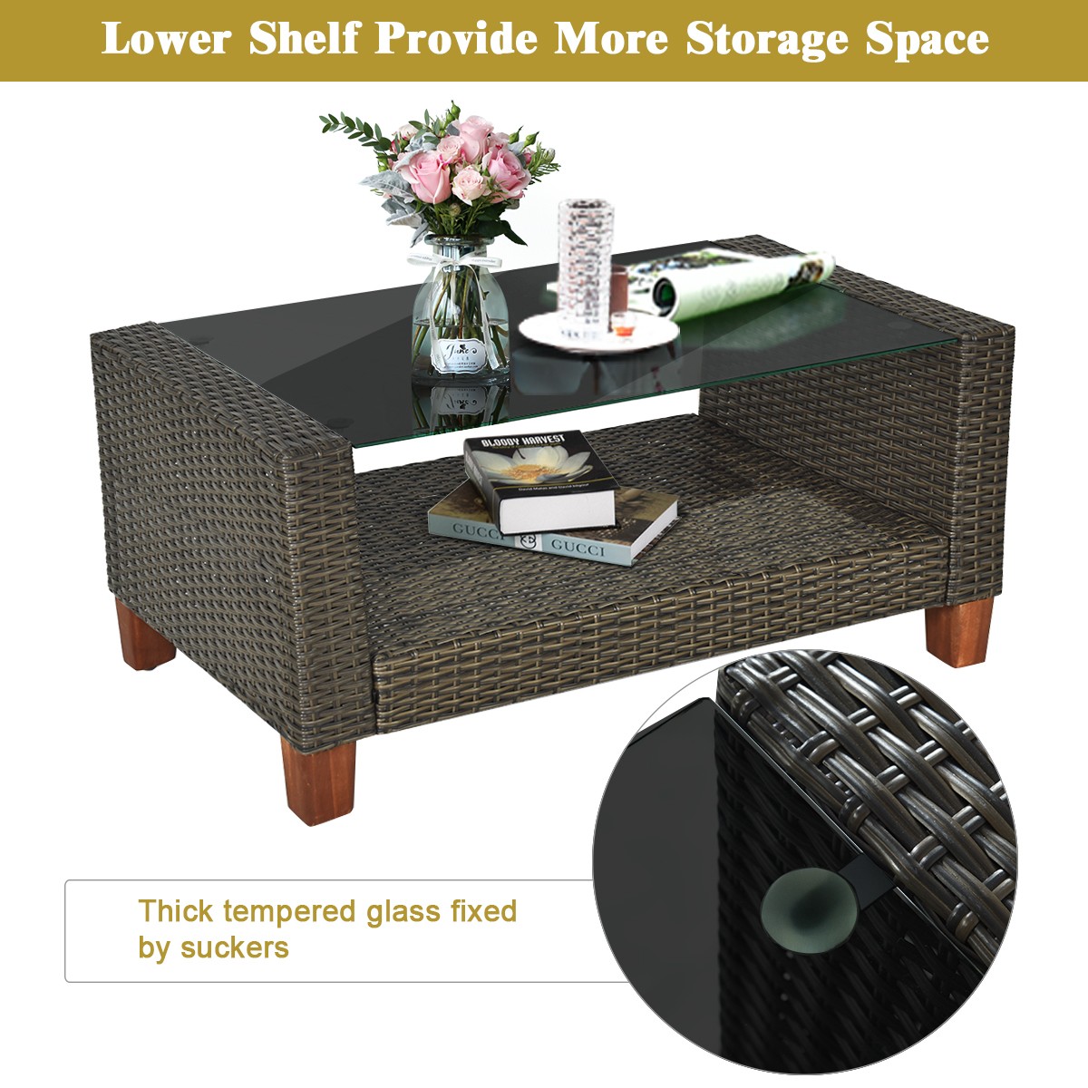 8PCS Patio Rattan Home Set Solid Wood Cushioned Sofa Garden Outdoor Indoor
