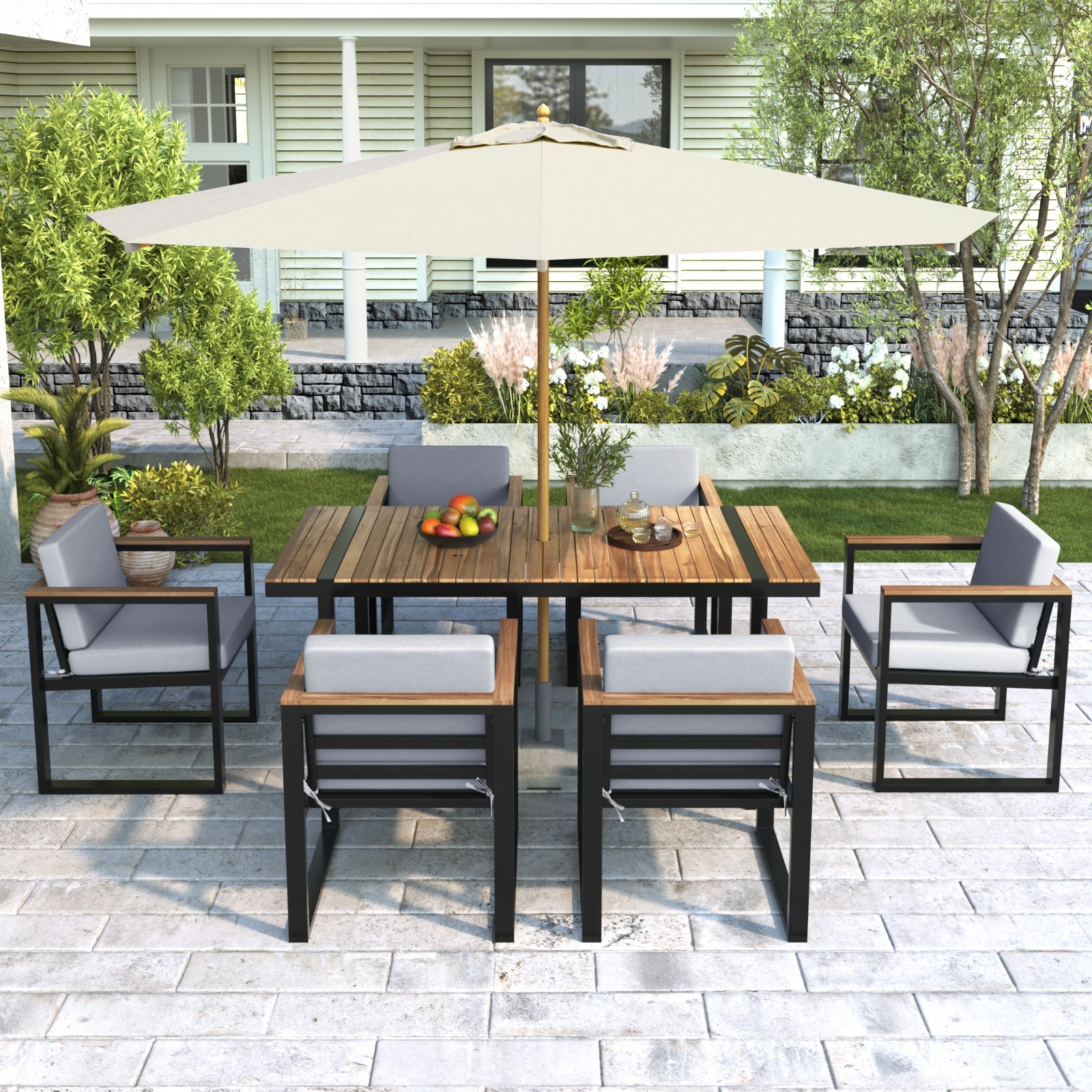 7 Pieces Outdoor Dining Set Patio Dining Table,Chair Set and Removable Cushions