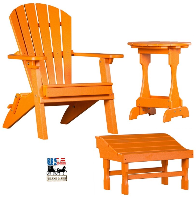 3pc 4 SEASON ADIRONDACK SET – ORANGE Folding Chair Ottoman & Candy Table USA