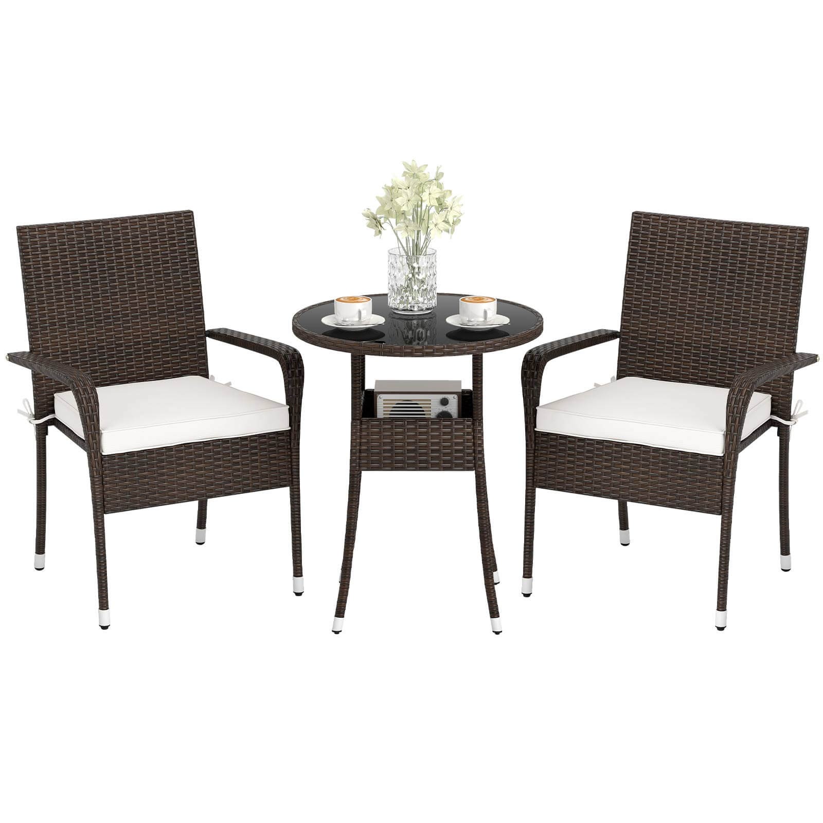 3-Piece Patio Furniture Set with Tempered Glass Top Table and Soft Cushions