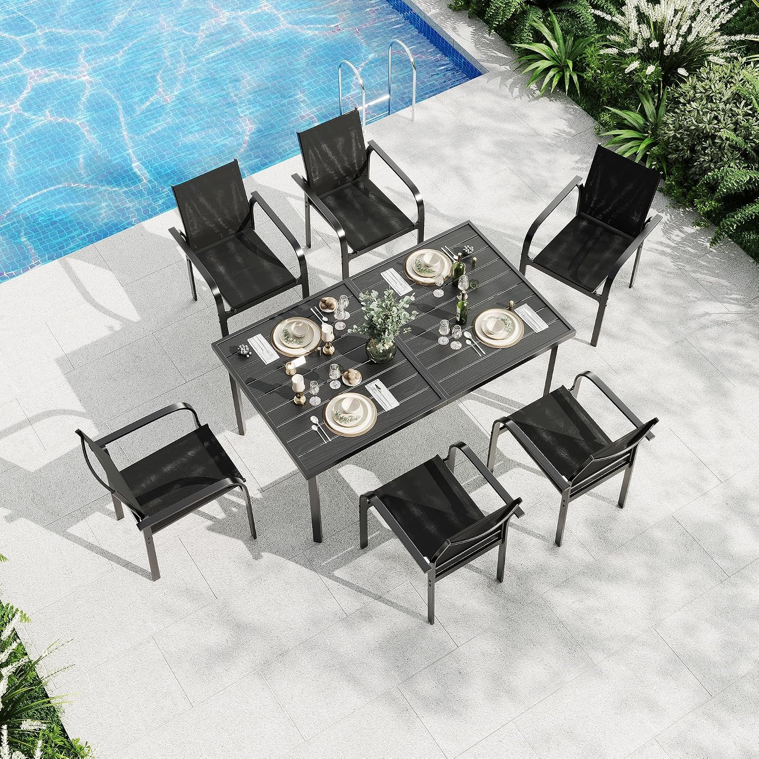 7 Piece Patio Dining Set Table 6 Chairs Textilene Seats Metal Rectangle Backyard