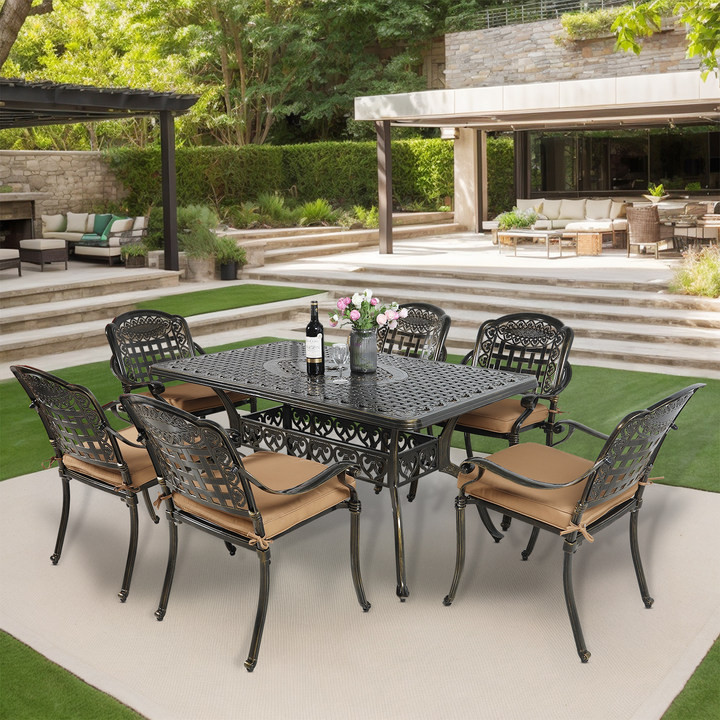7 Piece Outdoor Dining Table and Chairs Set with 6 Stackable Chairs, Large Table