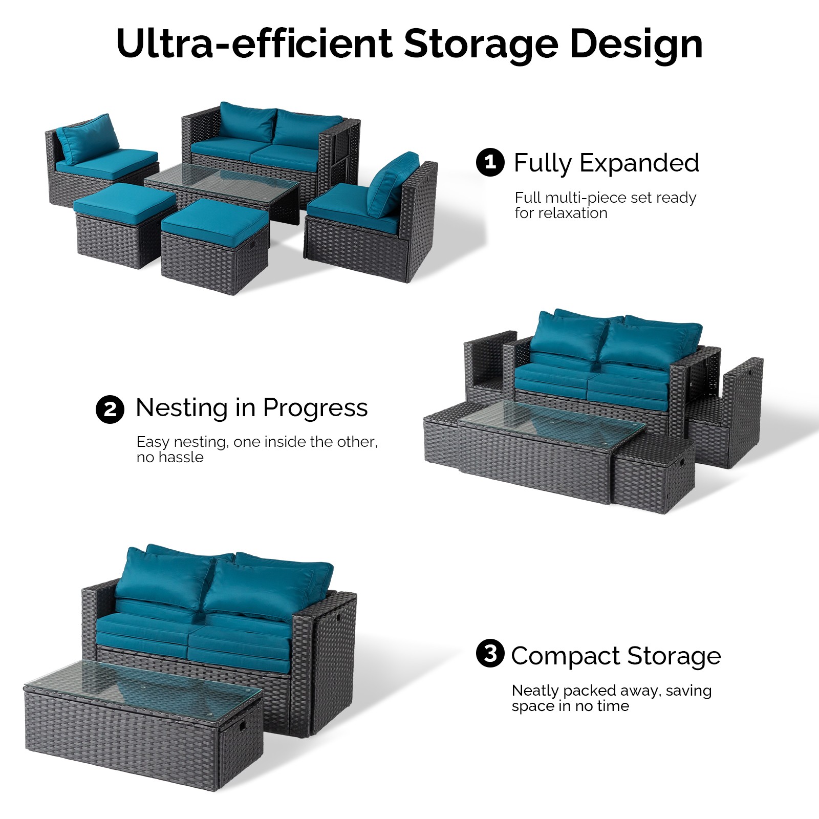 6 Piece Outdoor Patio Rattan Sectional Furniture Chair Set with Table, Footstool