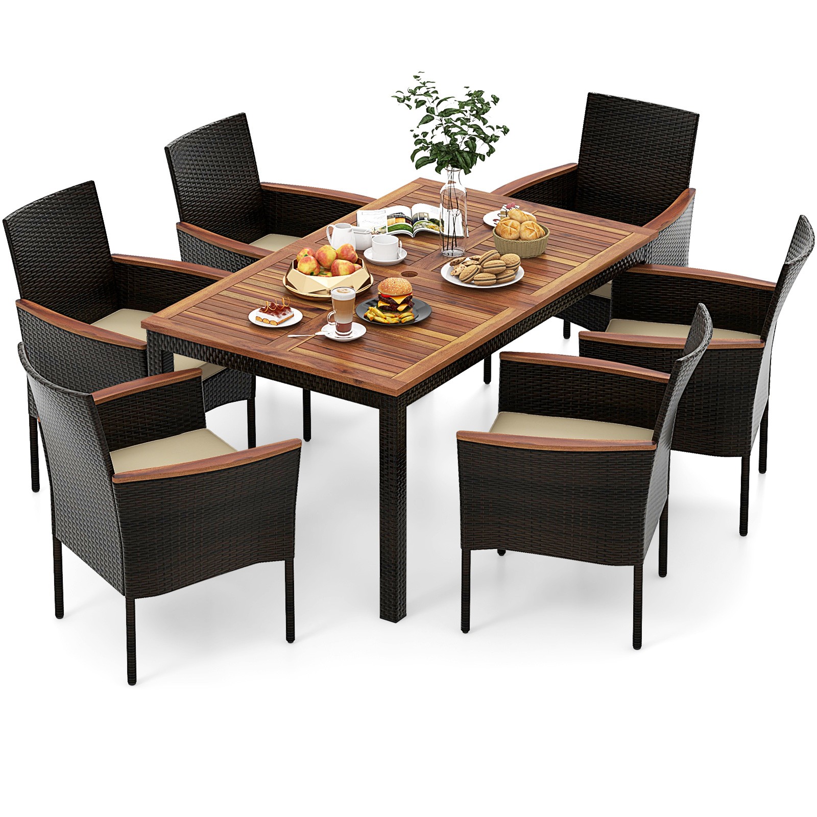 7Pcs Rattan Patio Dining Set Stackable Chairs Umbrella Hole Table